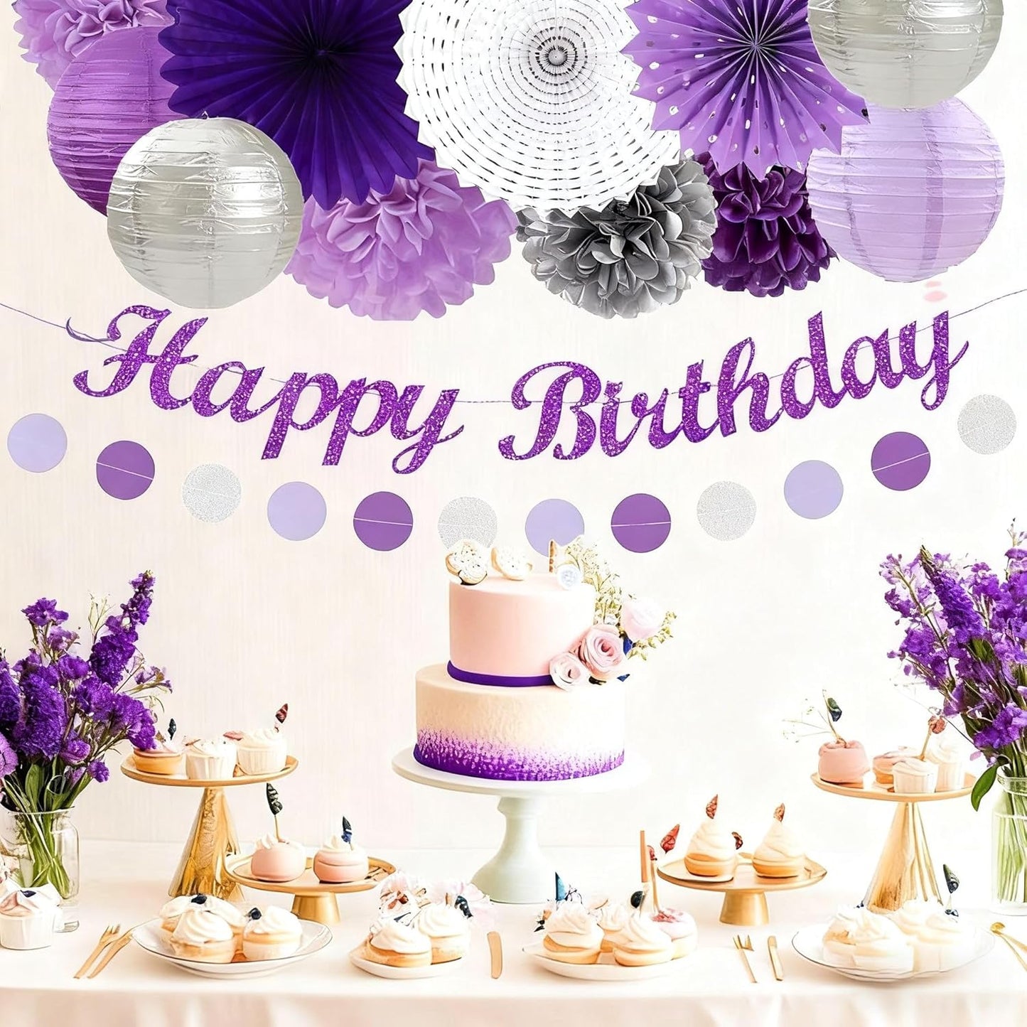 Purple and Silver Party Decorations-21PCS Happy Banner,Paper Lanterns Streamers,Tissue Pom Poms Honeycomb Flower Fan, Baby Bridal Shower Wedding Retirement Bachelorette Hanging Supplies Decor