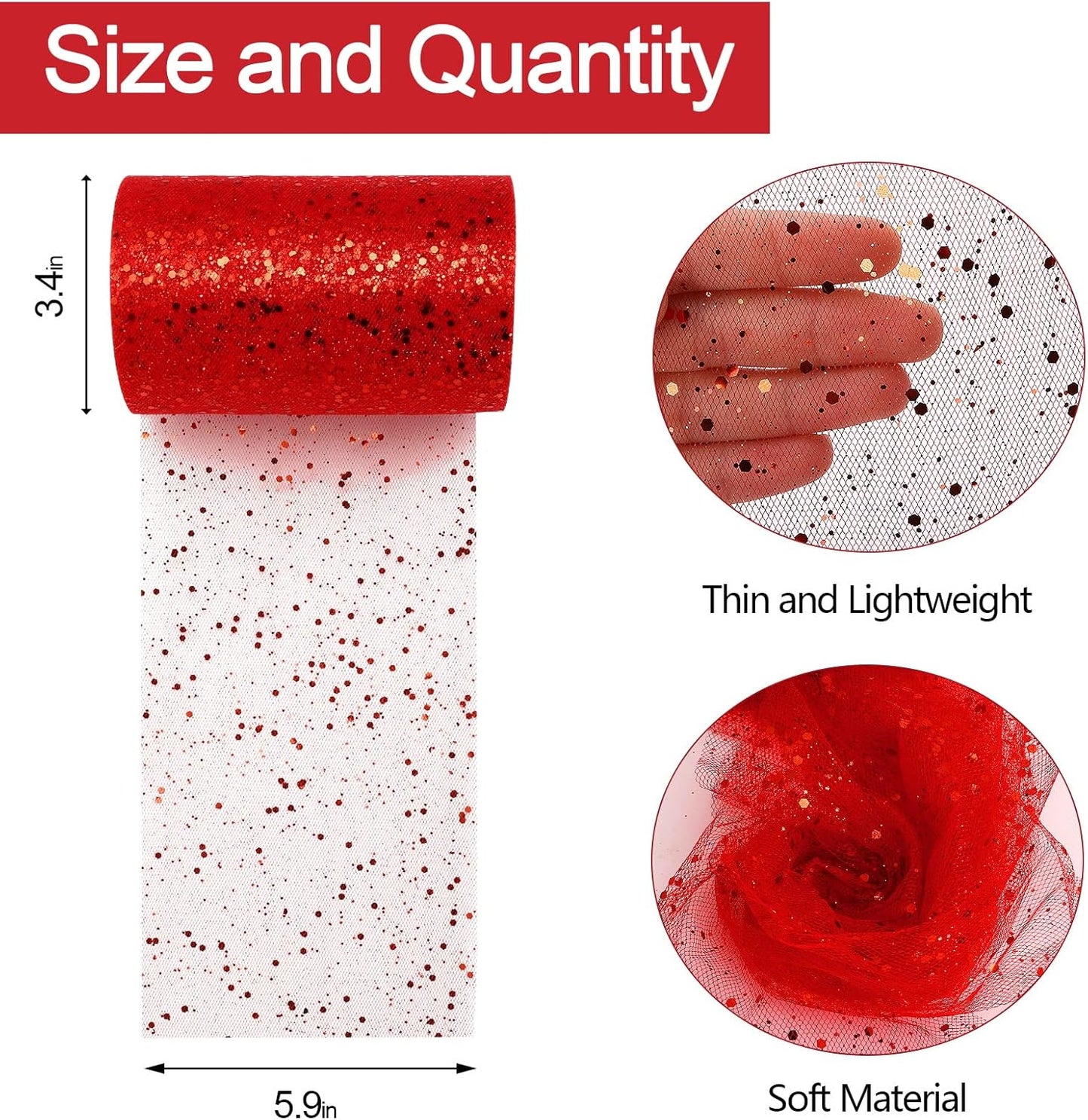 Glitter Tulle Rolls, 6” by 50 Yards (150FT) Sparkling Tulle Spool Ribbon Sequin Tulle Netting Fabric for Tutu Skirt Wedding Birthday Baby Shower (Red)