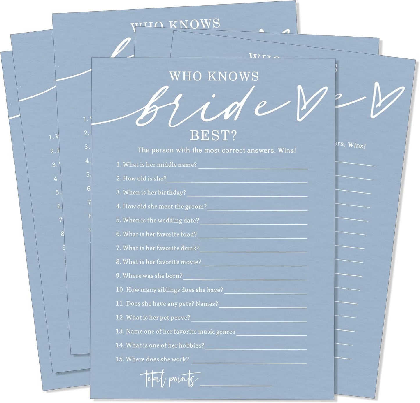 Fun Wedding Shower Games Cards Who Knows The Bride Best Engagement Party Wedding Game Bridal Shower Games 25 Guests Minimalist Blue Newlywed Party Supplies and Decorations - B05