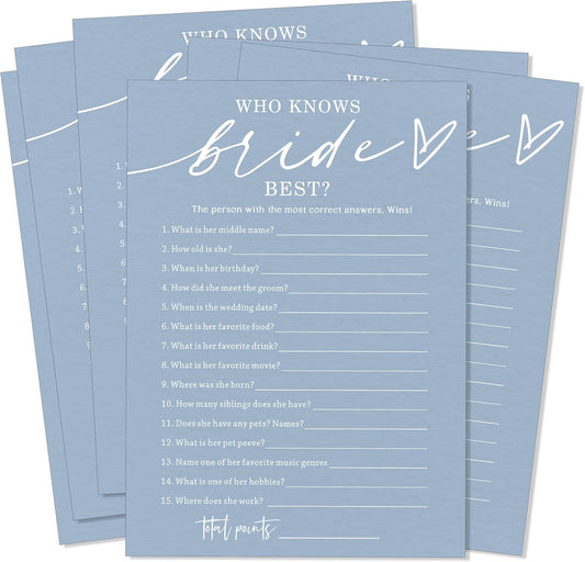 Fun Wedding Shower Games Cards Who Knows The Bride Best Engagement Party Wedding Game Bridal Shower Games 25 Guests Minimalist Blue Newlywed Party Supplies and Decorations - B05