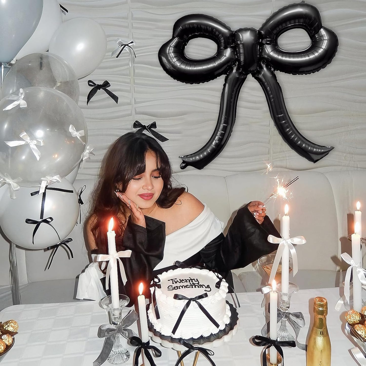 2 Pcs Bow Birthday Decorations Black Bow Balloons Bow Party Decorations Giant Foil Balloon for Girl Women Baby Shower Bridal Engagement Wedding Decor Bachelorette Party Supplies