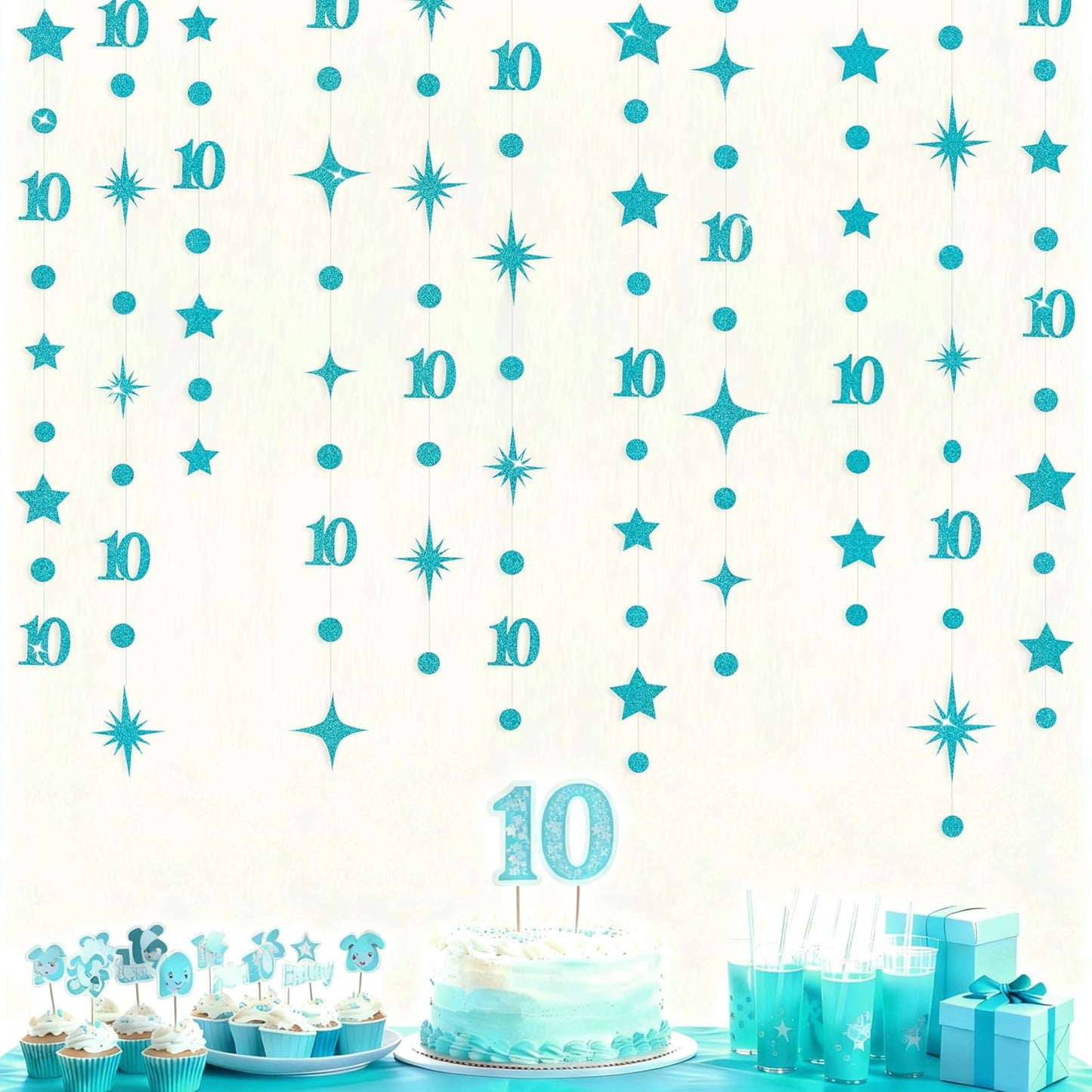 Teal Blue 10th Birthday Decorations Number 10 Circle Dot Star Garland Glitter Streamer Banner Backdrop for Girls Boys Double Digits Cheers to 10 Years Old Birthday 10th Anniversary Party Supplies