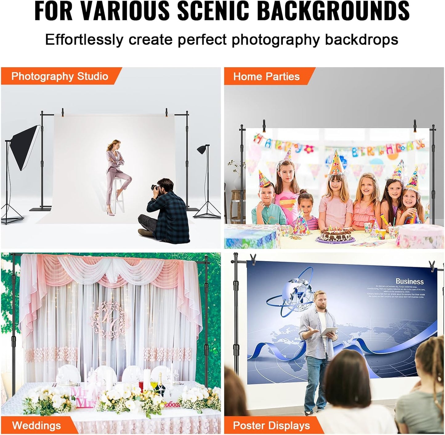VEVOR 10ft x10ft Pipe and Drape Kit, Heavy Duty Backdrop Stand with Carbon Steel Base, Adjustable Backdrop Support with 2 Clamps and A Carry Bag for Wedding, Party, Event, Photography and Exhibition