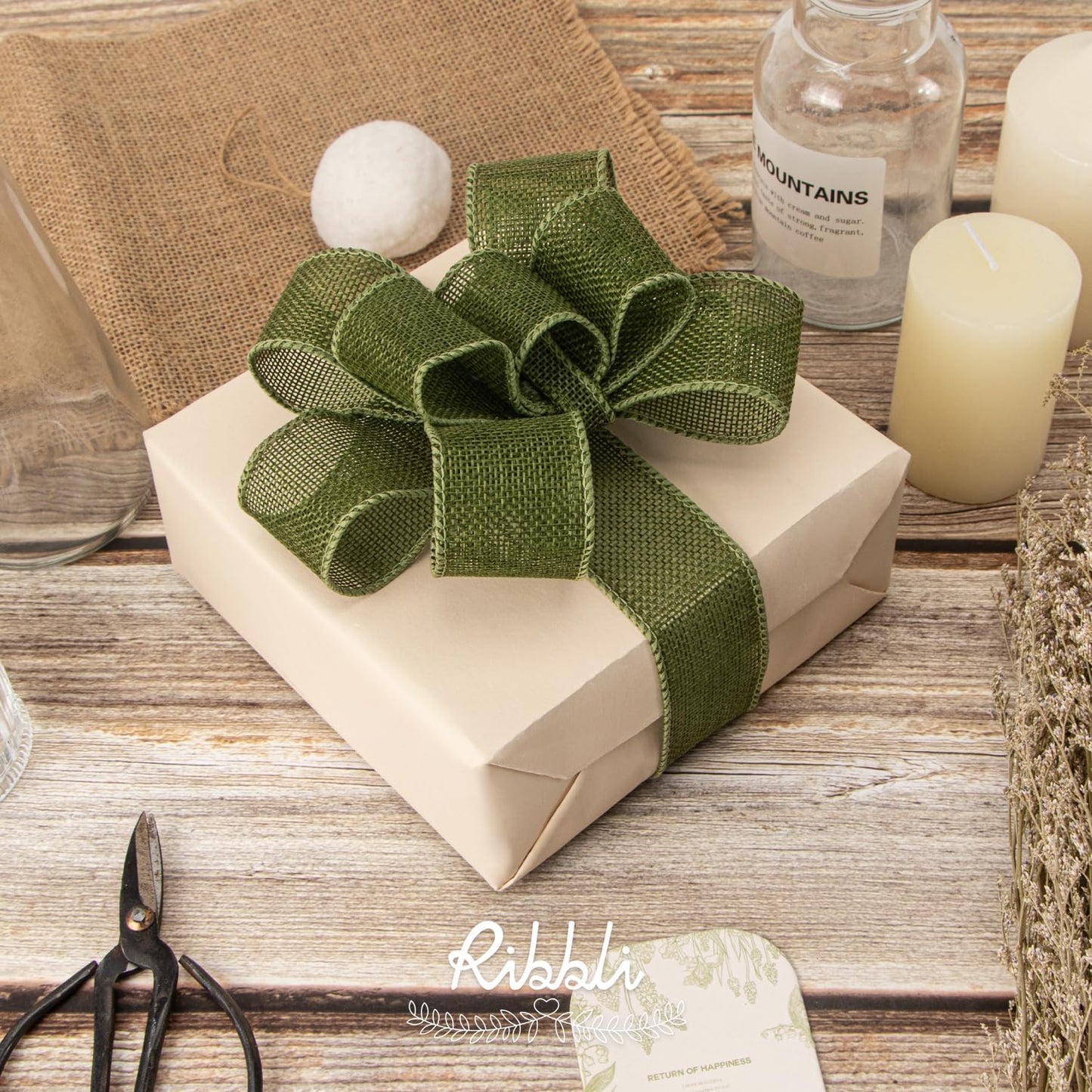 Ribbli Dark Moss Burlap Wired Ribbon,1-1/2 Inch x 10 Yard, Wired Edge Ribbon for Big Bow,Wreath,Tree Decoration,Outdoor Decoration