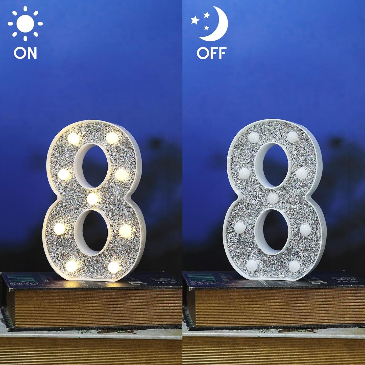 Glitter Light Up Signs, Marquee Light Letters for Table Decorations, Featuring Alphabet & Number Lighted Letters, Number 8 for Prom, Events, or Engagement Party Decor