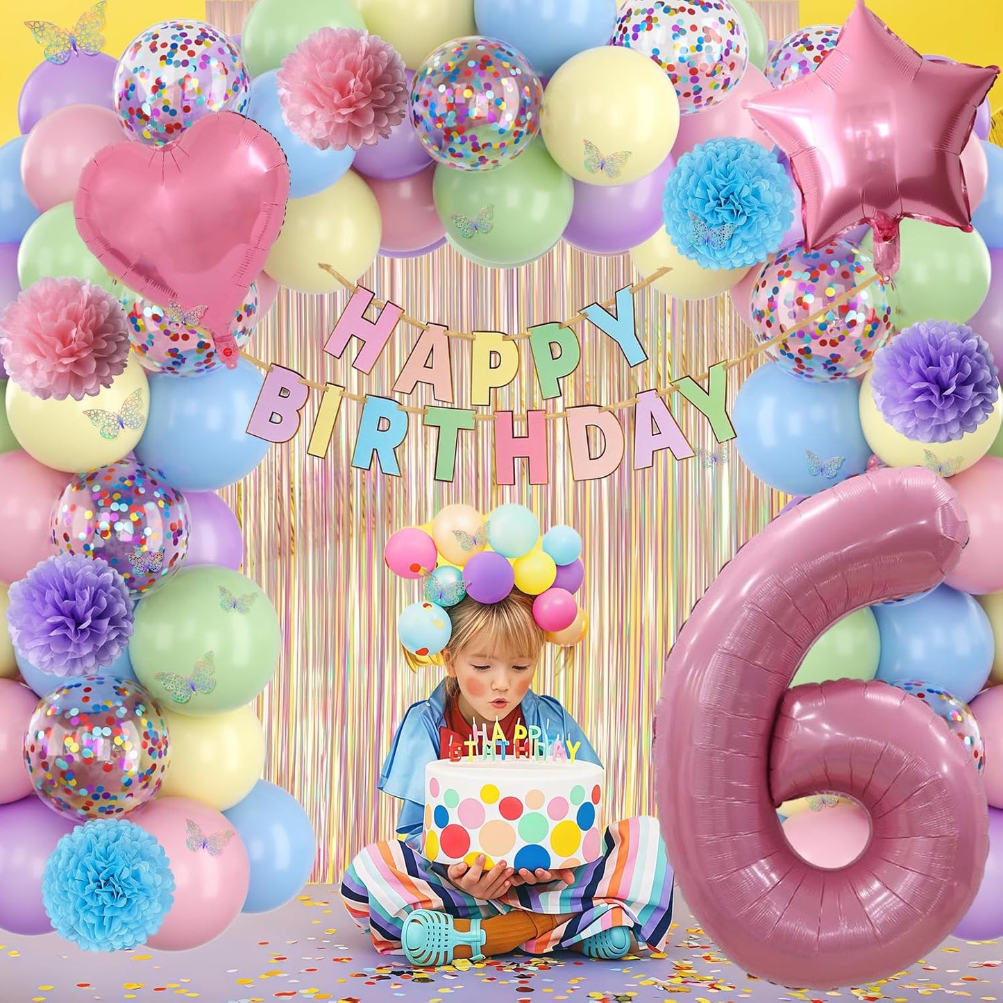 Pastel 6th Birthday Party Decorations for Girls Number 6 Balloon Happy Birthday Banner Butterfly Stickers Fringe Curtain Paper Pom Poms Macaron Pink Star Heart Foil Colorful Balloons 6 Year Old Decor