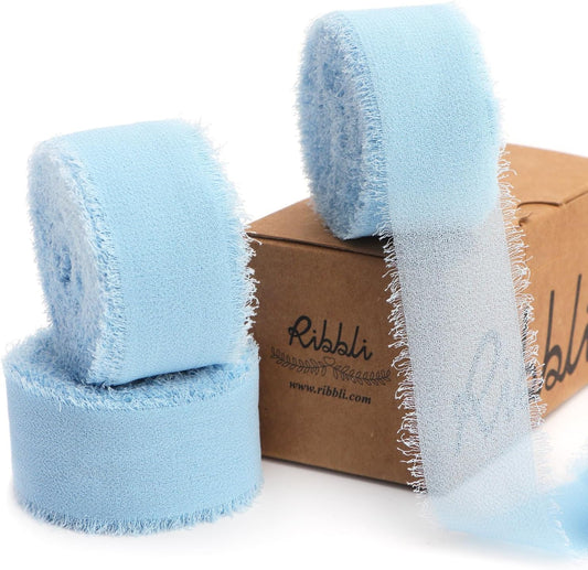 Ribbli Baby Blue Ribbon 1 Inch x 3 Rolls Total 24 Yards Light Blue Handmade Fringe Chiffon Silk Ribbon for Wrapping Wedding Invitations Bridal Bouquets DIY Crafts Home Decor