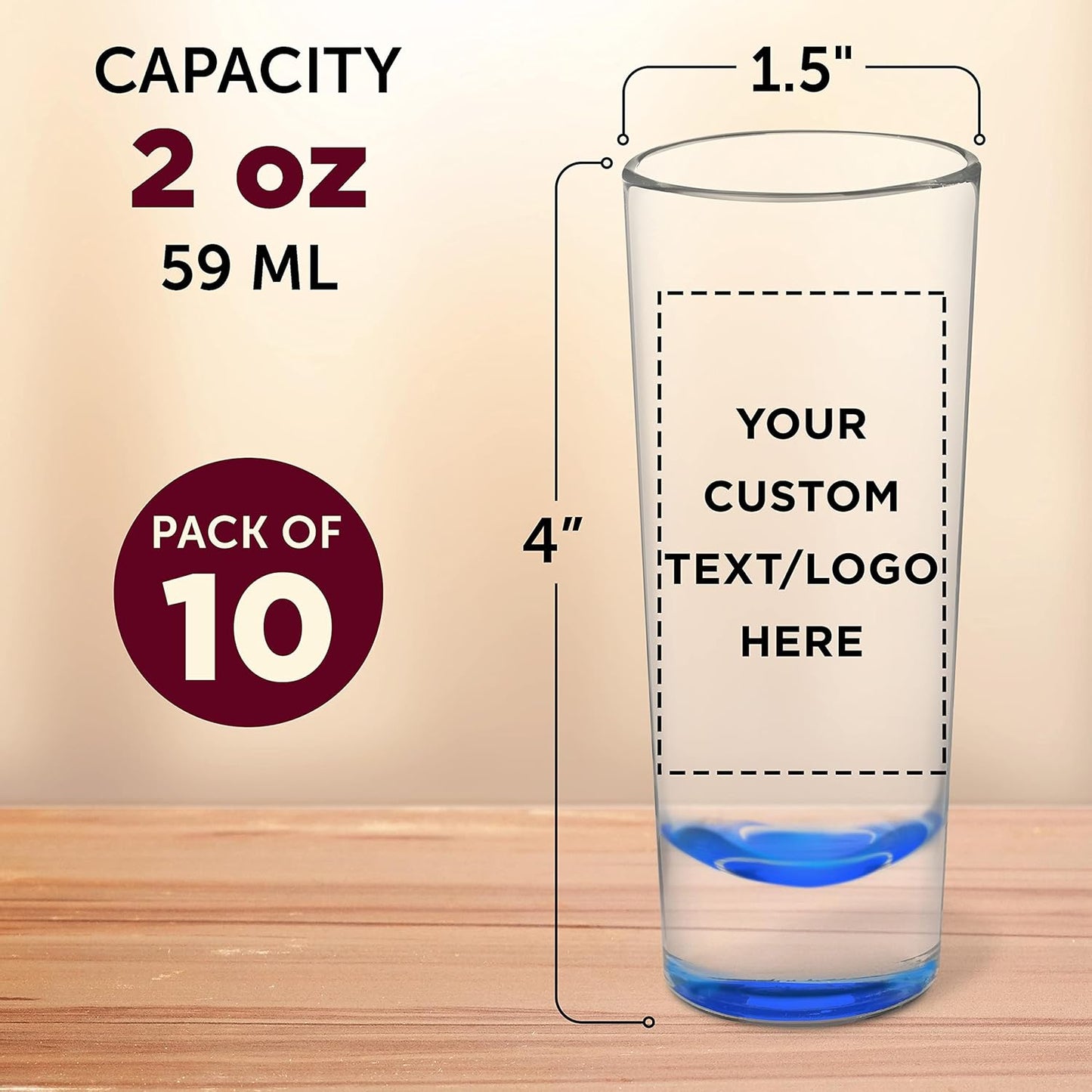 Custom Cordial Shooter Shot Glasses 2 oz. Set of 10, Personalized Bulk Pack - Great for Birthdays, Parties, Indoor & Outdoor Events - Blue