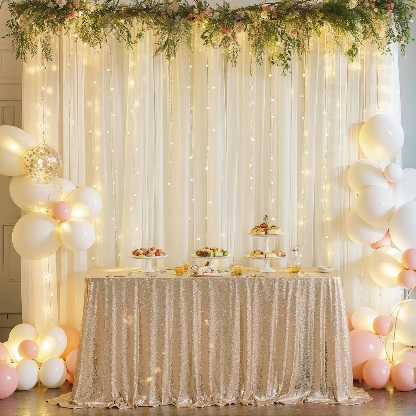 10ft x 7ft Ivory Chiffon Backdrop Curtain with Lights String for Parites Wedding Wrinkle Free Curtain Photo Backdrops Drapes for Baby Shower Birthday Party Home Decorations