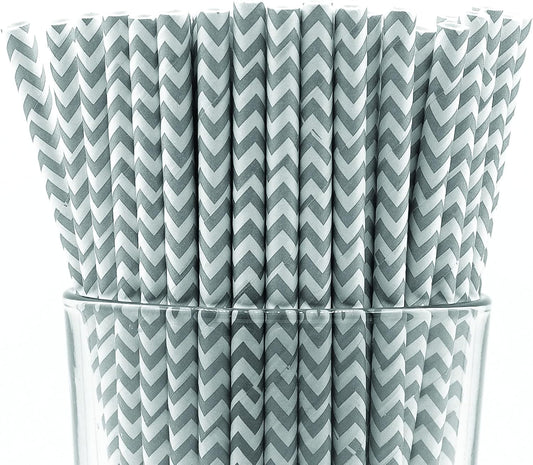 Pack of 900 Gray Chevron Biodegradable 4-Ply Paper Drinking Straws (Compostable, Non-toxic, BPA-free)