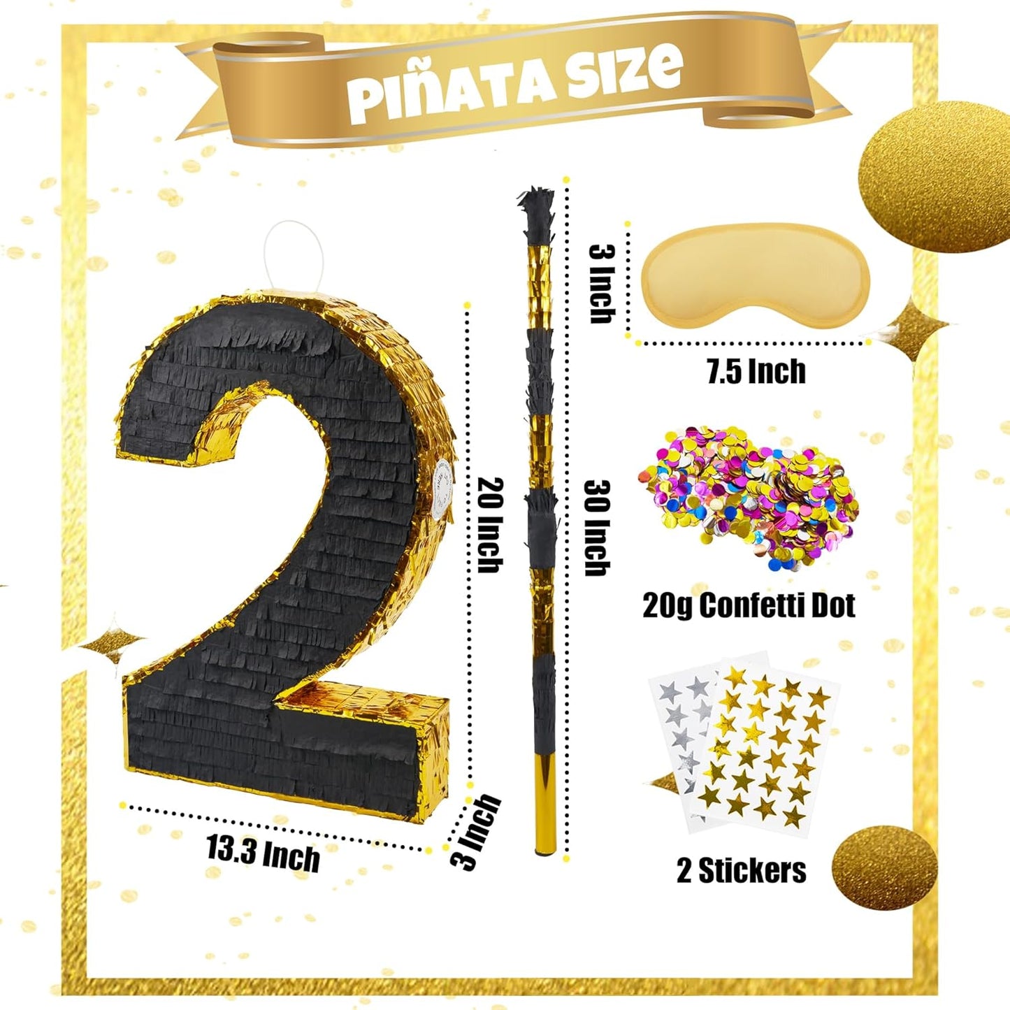 PCFING 20 Inch Number 2 Piñata Gold Black with 30 Inch Piñata Stick Blindfold Confetti for Man Women Boys Girls Birthday Party Decorations, Anniversary Celebration, Fiesta