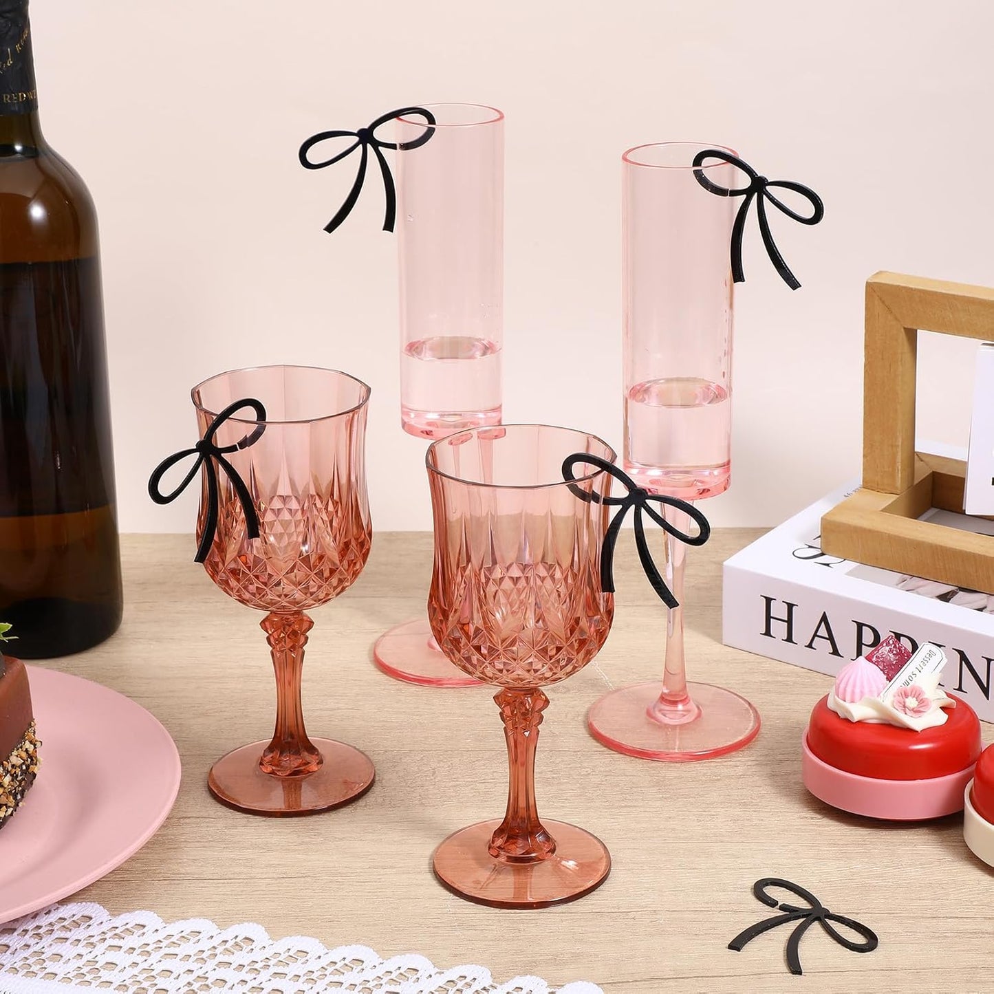 20 Pcs Bows for Champagne Glasses, Acrylic Drink Tags, Bows Drink Charms, Wine Glass Charms Black Bow Decor for Bachelorette Birthday Wedding Coquette Tasting Party Decor Accessory