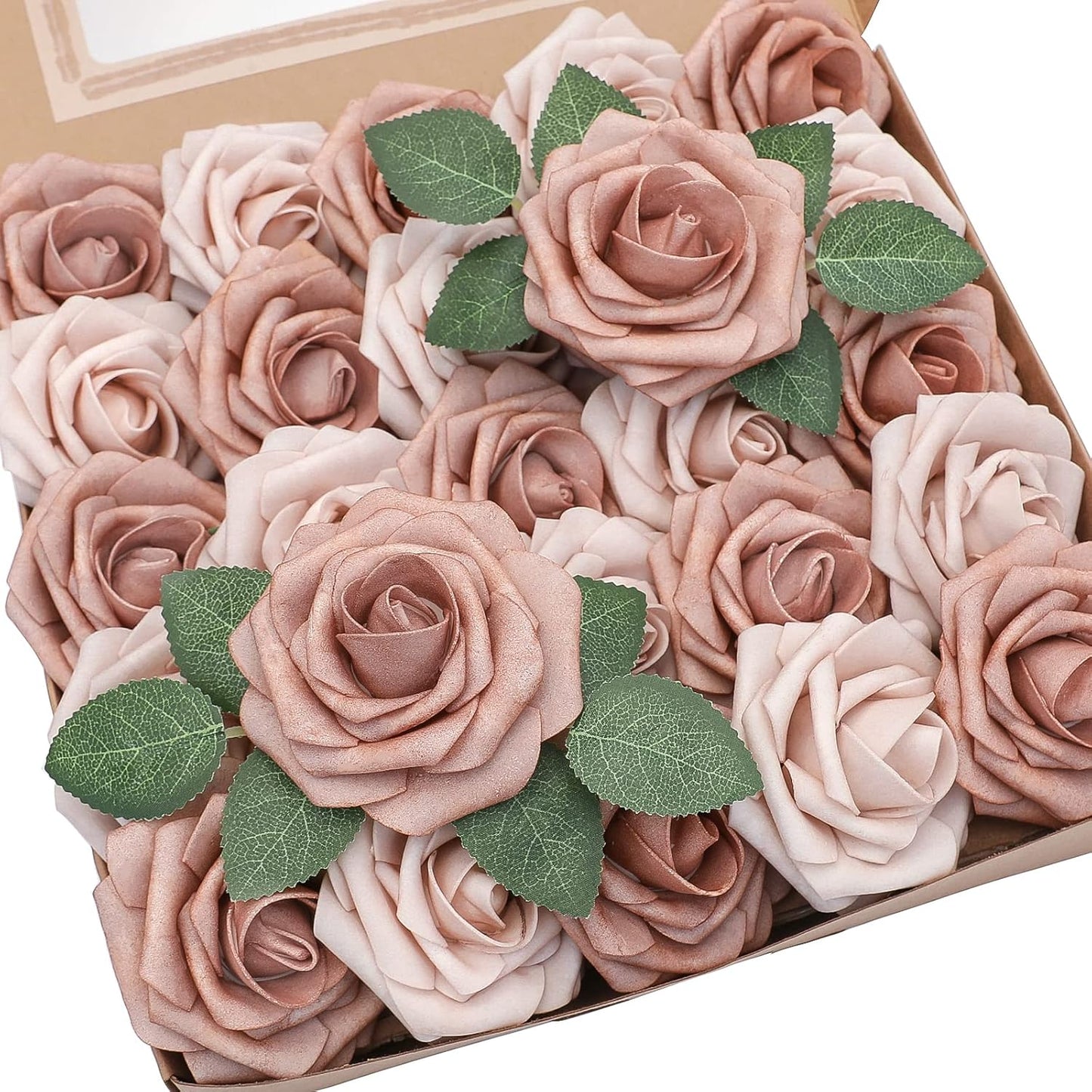 Floroom Artificial Flowers 25pcs Real Looking Warm Taupe & Nude Foam Fake Roses with Stems for DIY Wedding Bouquets Bridal Shower Centerpieces Floral Arrangements Party Tables Home Decorations