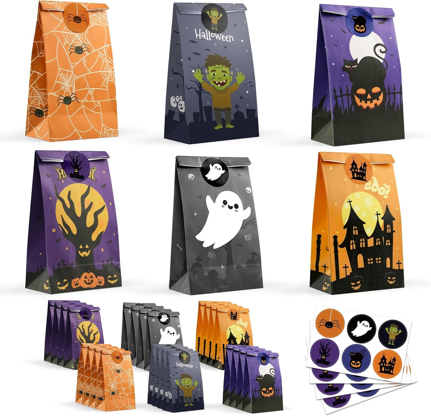 Halloween Treat Bags - 24 PCS Halloween Party Favors,Halloween Goodie Bags with Stickers for Kids | Candy Bags - Trick or Treat Bags,Mini Paper Gift Basket- HALLOWEEN Decorations Party Supplies