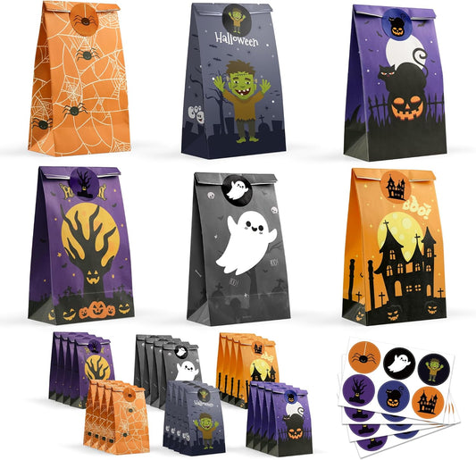 Halloween Treat Bags - 24 PCS Halloween Party Favors,Halloween Goodie Bags with Stickers for Kids | Candy Bags - Trick or Treat Bags,Mini Paper Gift Basket- HALLOWEEN Decorations Party Supplies