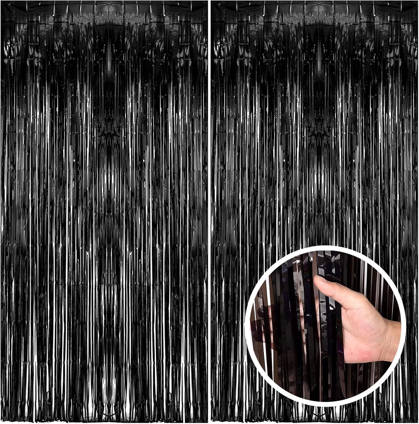2 Pack Black Party Streamers Backdrop Tinsel Foil Fringe Curtains Halloween Party Decorations Birthday Wednesday Twilight Party Decorations Graduation Wizard Party Supplies