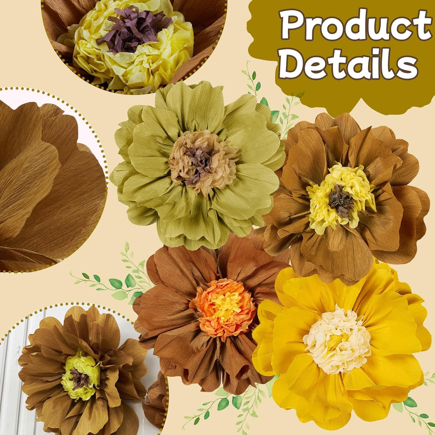 4 PCS 20" Brown Yellow Giant Paper Flowers Boho Baby Shower Party Decorations Thanksgiving Fall Autumn Large Tissue Pom Poms Neutral Floral Rustic Crepe Paper Flowers for Wall Birthday Wedding Garden