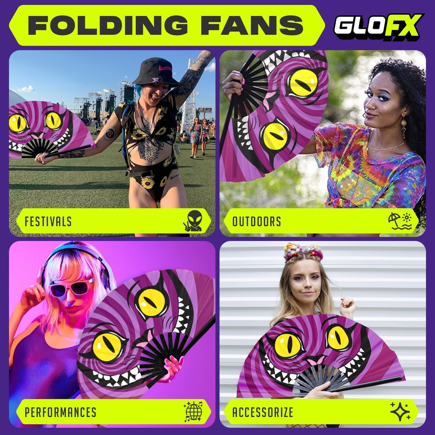 GloFX Large Hand Fan - Alice in Wonderland Cheshire Cat Fan - Bamboo Folding Fans for Rave Accessories and Festival Essentials