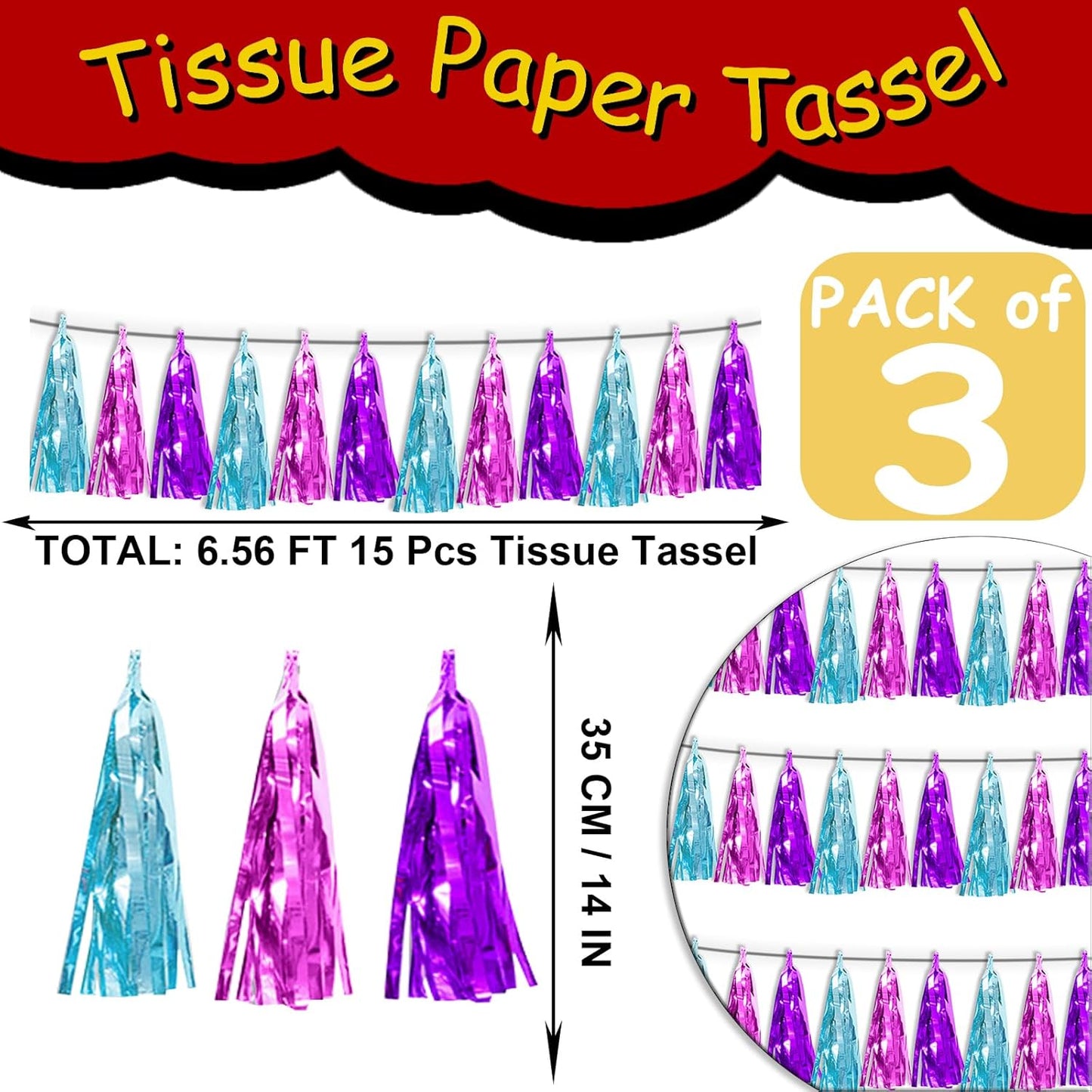 3P Lake Blue Purple-Hot Pink Metallic Fringe Tassel Banner Garland Foil Tinsel Streamer Wall Hanging Curtain Backdrop Banner for Parade Floats,Graduation Decorations, Wedding Party Decoration