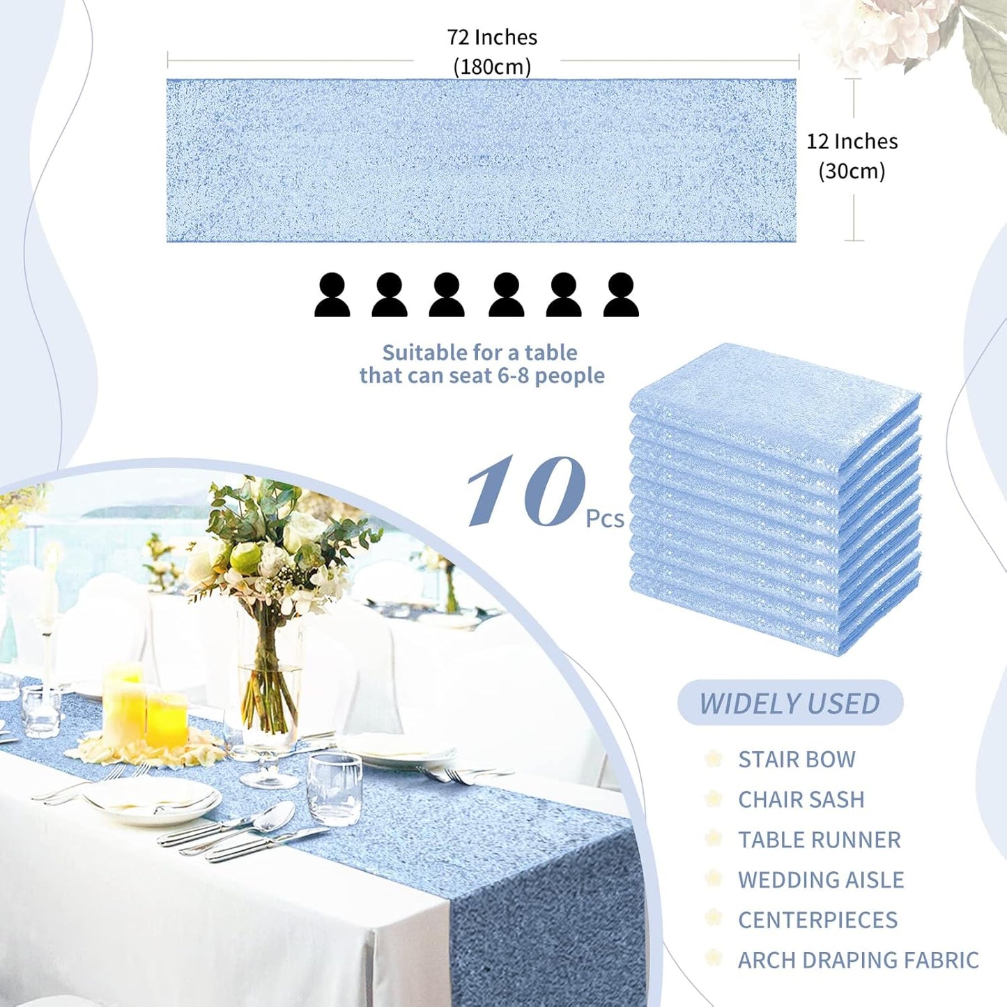 SoarDream Baby Blue Table Runner 10 Pieces 12x72 Inches Sequin Fabric Glitter Table Runner for Party Holiday Birthday Wedding Baby Shower Supplies Decorations