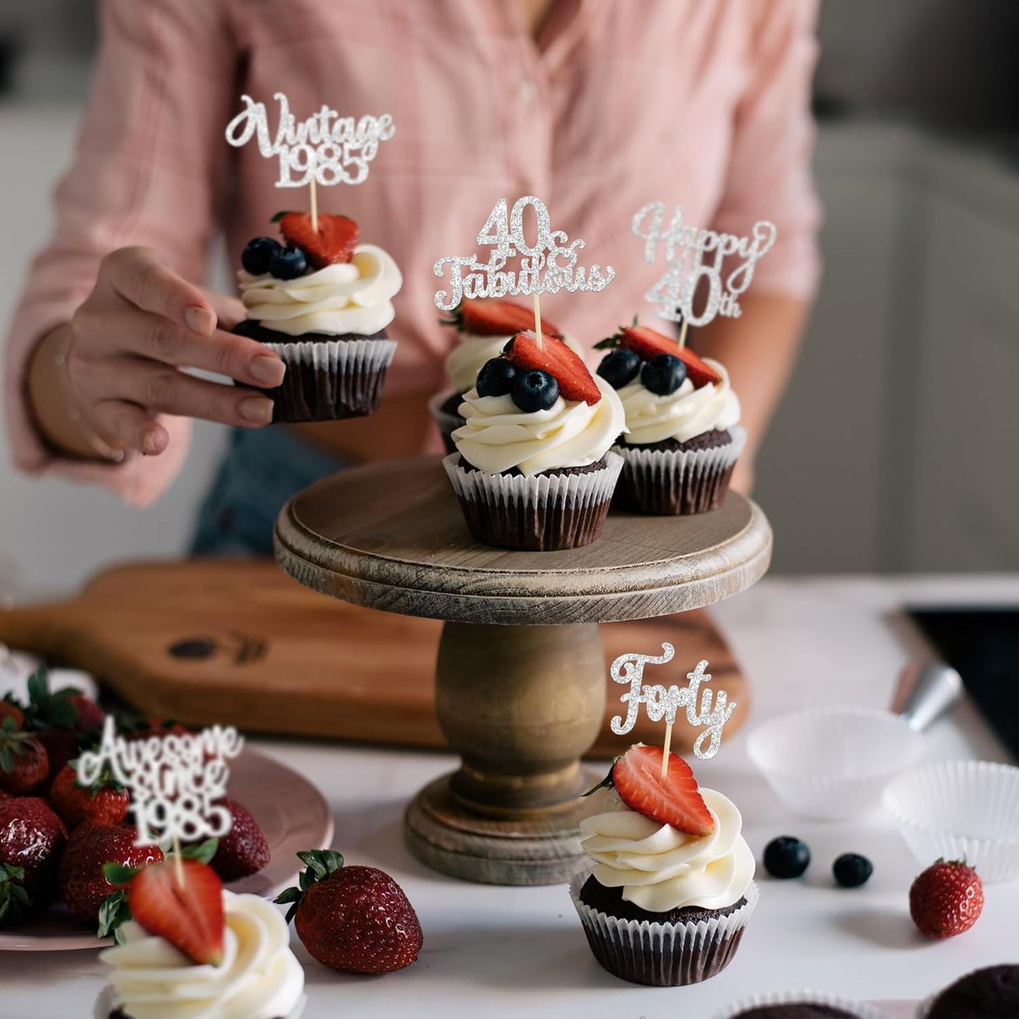 30Pcs Happy 40th Birthday Cupcake Toppers Glitter Forty Vintage 1985 Cupcake Picks Cheers to 40 Fabulous Cake Decorations for 40th Birthday Wedding Anniversary Party Supplies Silver