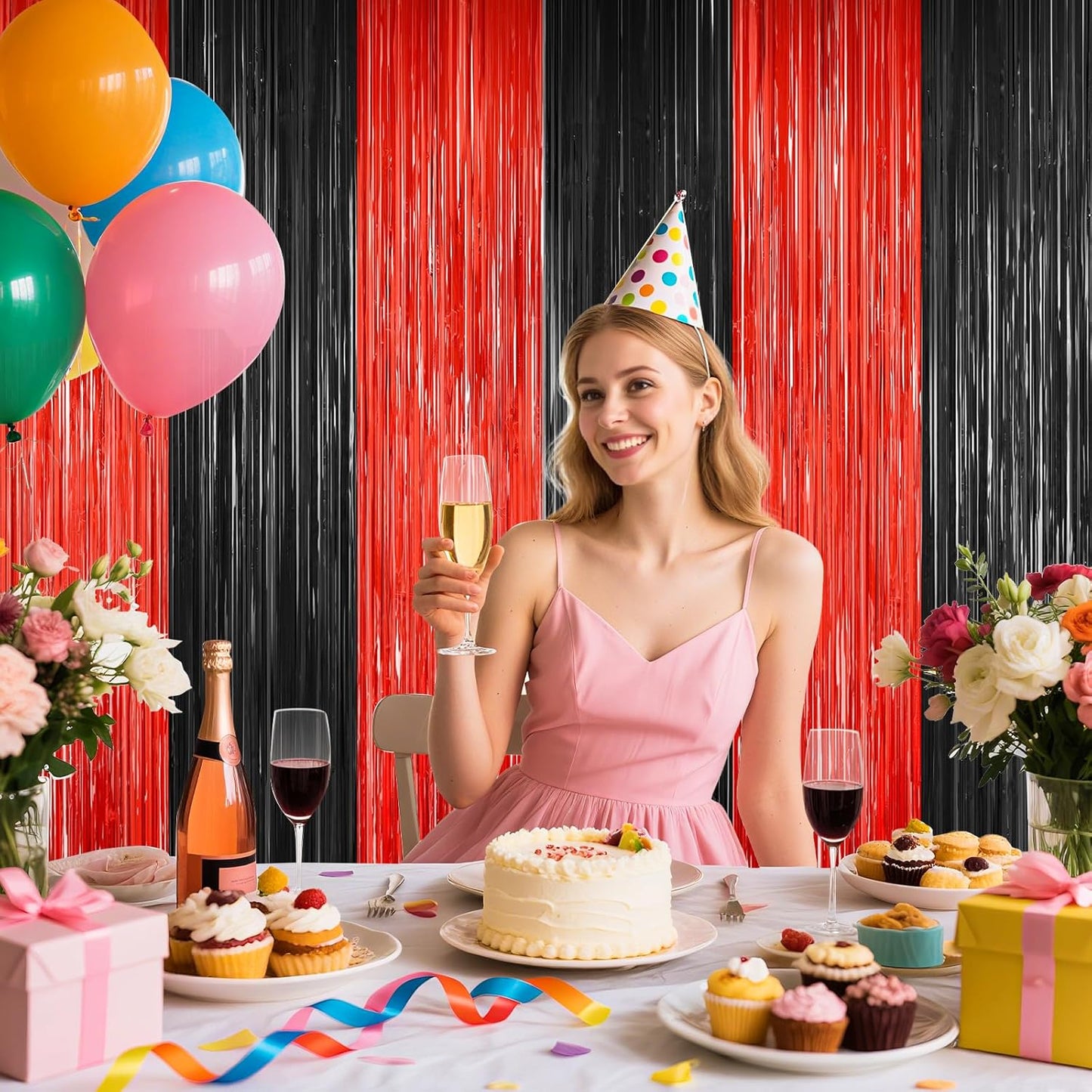 2Pack Black Red Backdrop Curtains Party Decor, Door Streamers Photo Booth Backdrop Metallic Party Streamer Tinsel Foil Fringe Curtains Backdrop Halloween Baby Shower Bachelorette Xmas Party Decors