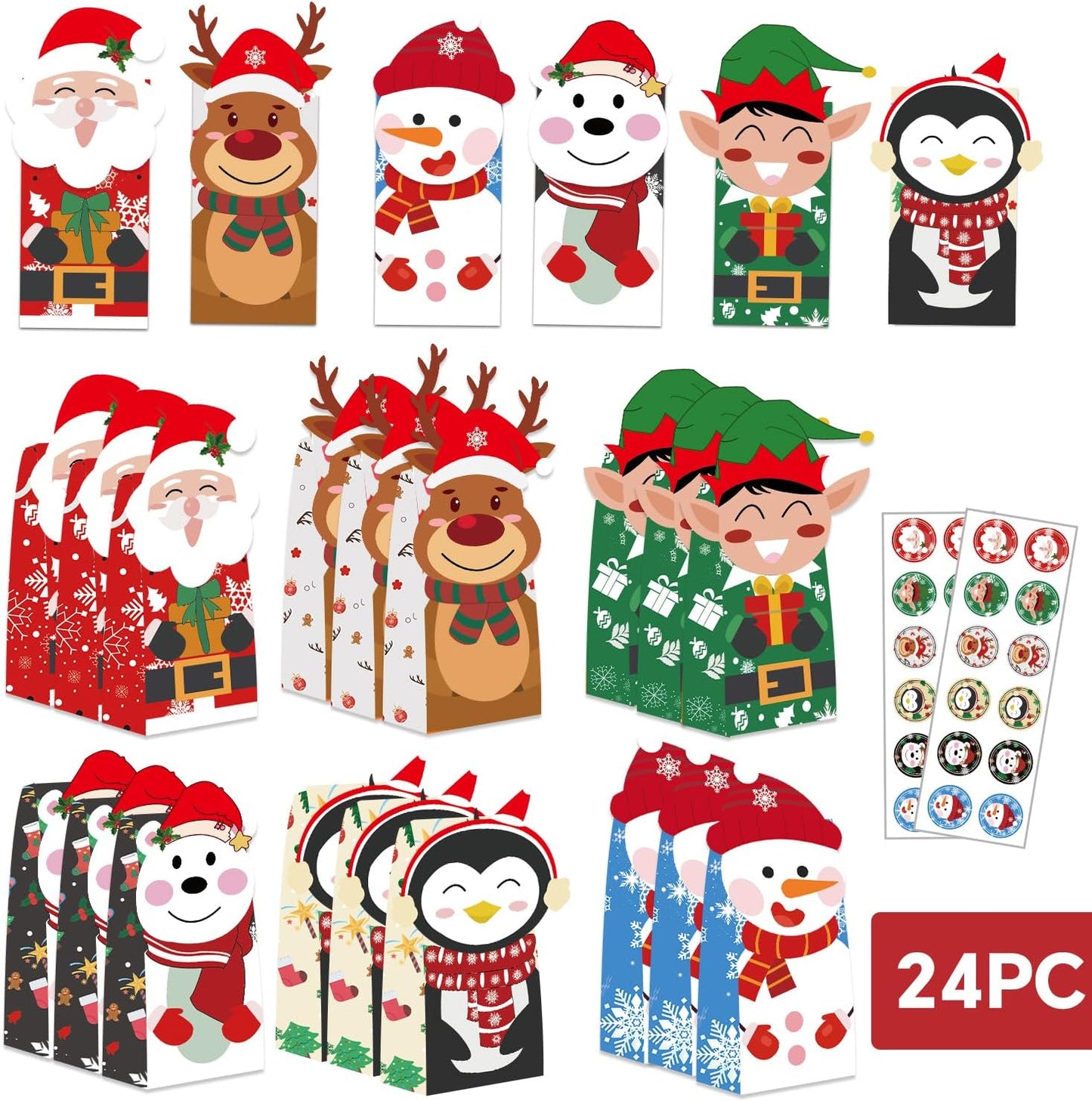 24PCS Christmas Treat Bags, 24PCS Christmas Stickers, Xmas Cookies Wrapping Gift for Classrooms Holiday Party Supplies