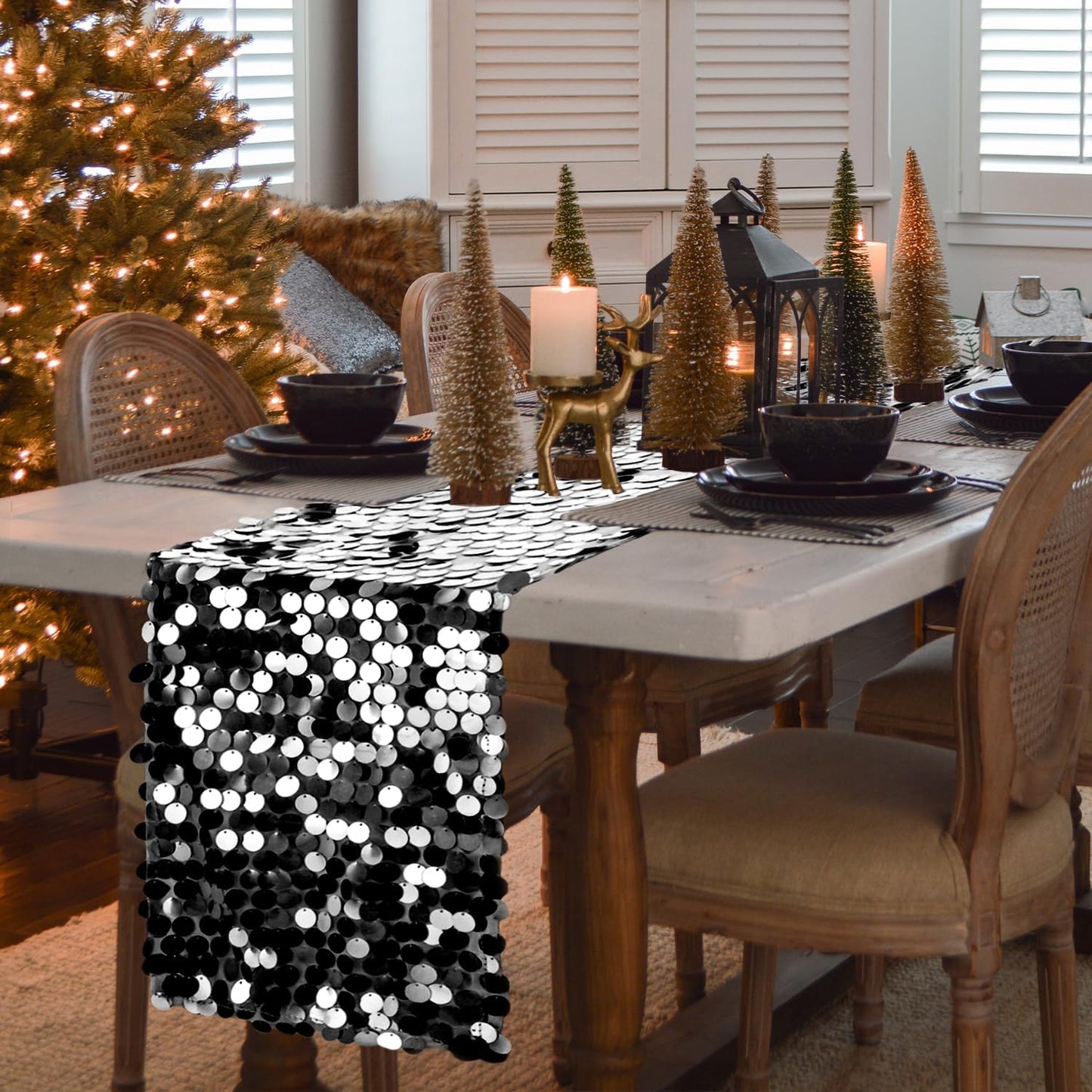 VHH Sequin Table Runner 12 x 108 inches Black Table Runner, Glitter Runner for Party Wedding Birthday, Party Spring Easter Rustic, Birthday Supplies Decorations (1 Pack).