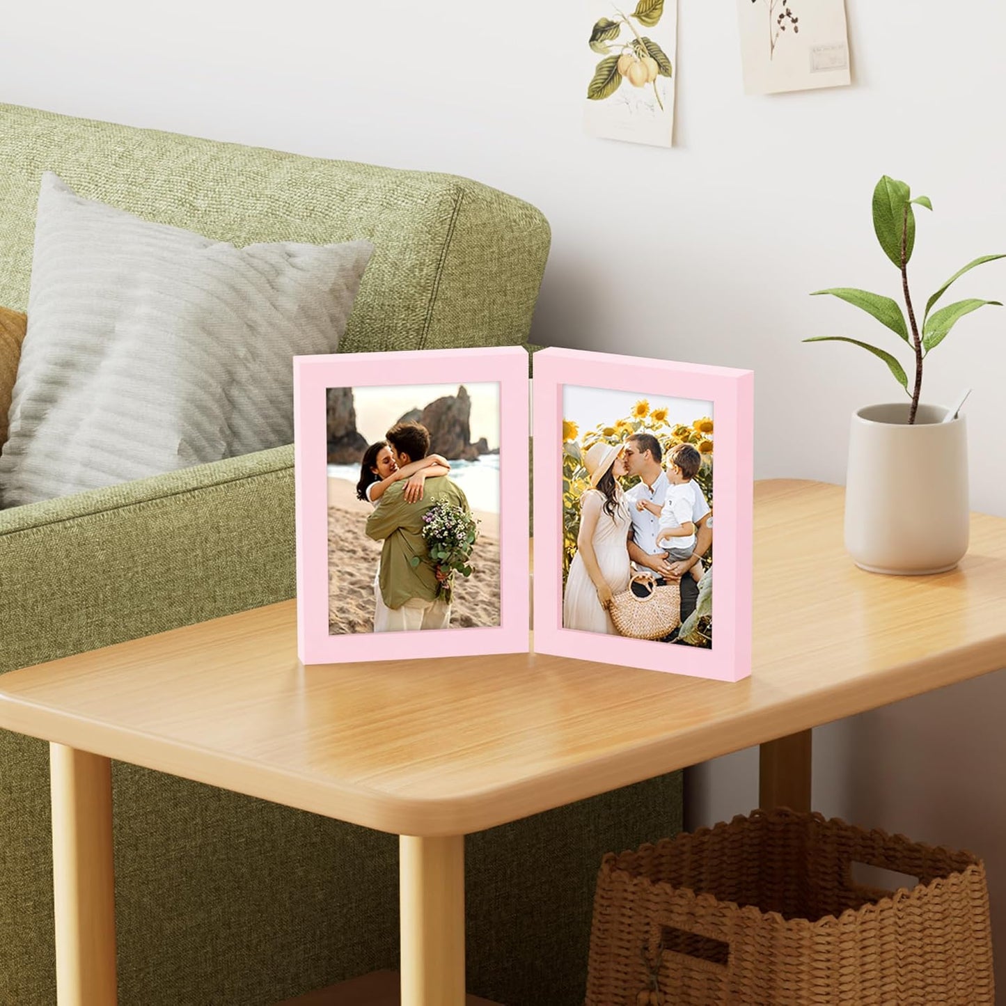 decorUhome Double 5x7 Picture Frame Vertical, Engineered Wood Bifold Photo Frame with Plexiglass for Tabletop Display, 5x7, Pink