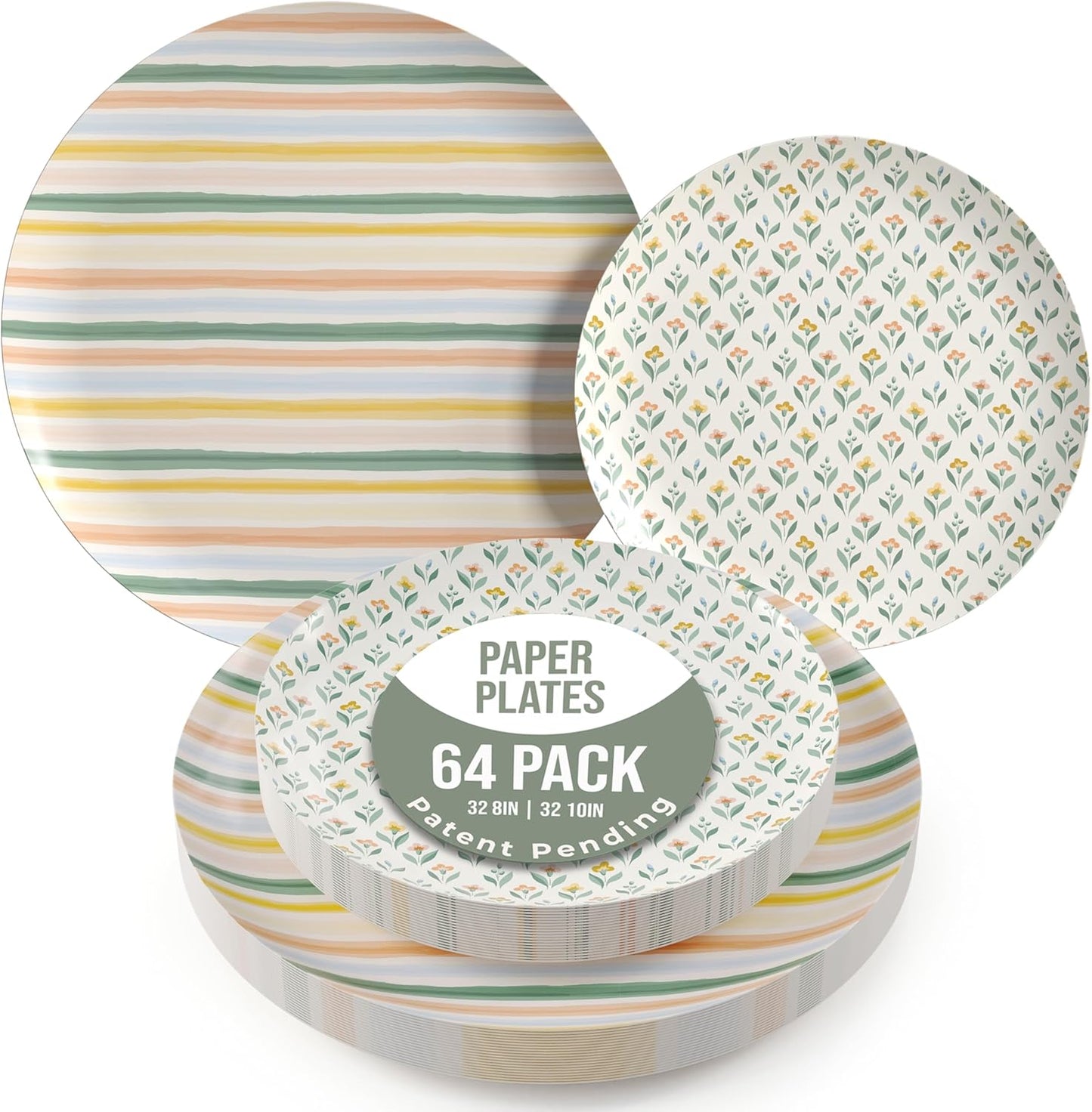 Trendables Heavy Duty Paper Plates Set For 32 Guests - 32 Each Of 8-inch And 10-inch Disposable Plates For Party - Fancy 64 Piece Dinnerware Set For All Occasions | Floral Design, Folk