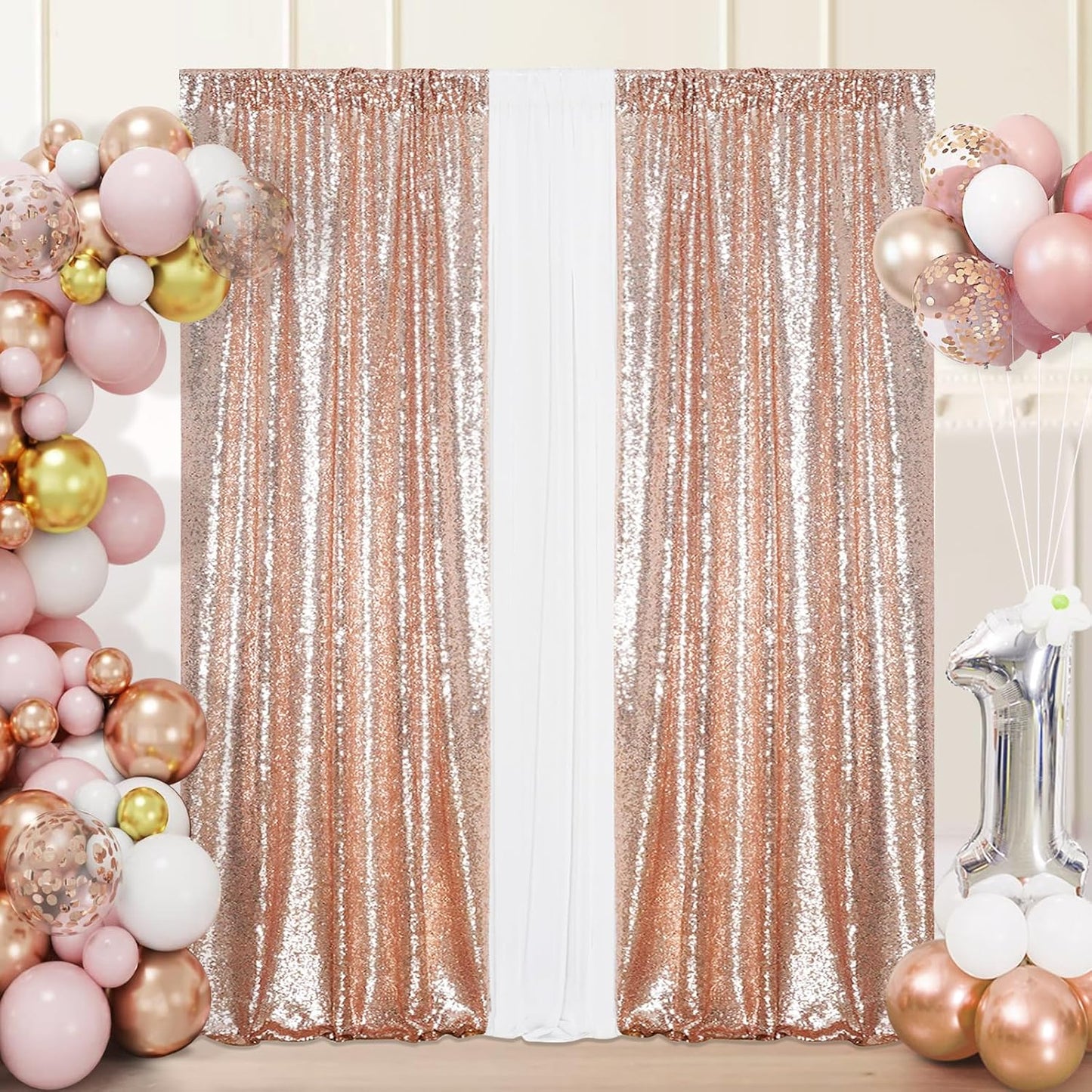 Sequin Backdrop Curtain Eternal Beauty Glitter Panel Background for Wedding Party Decor (2 Packs, W2 x H8FT,Rose Gold)