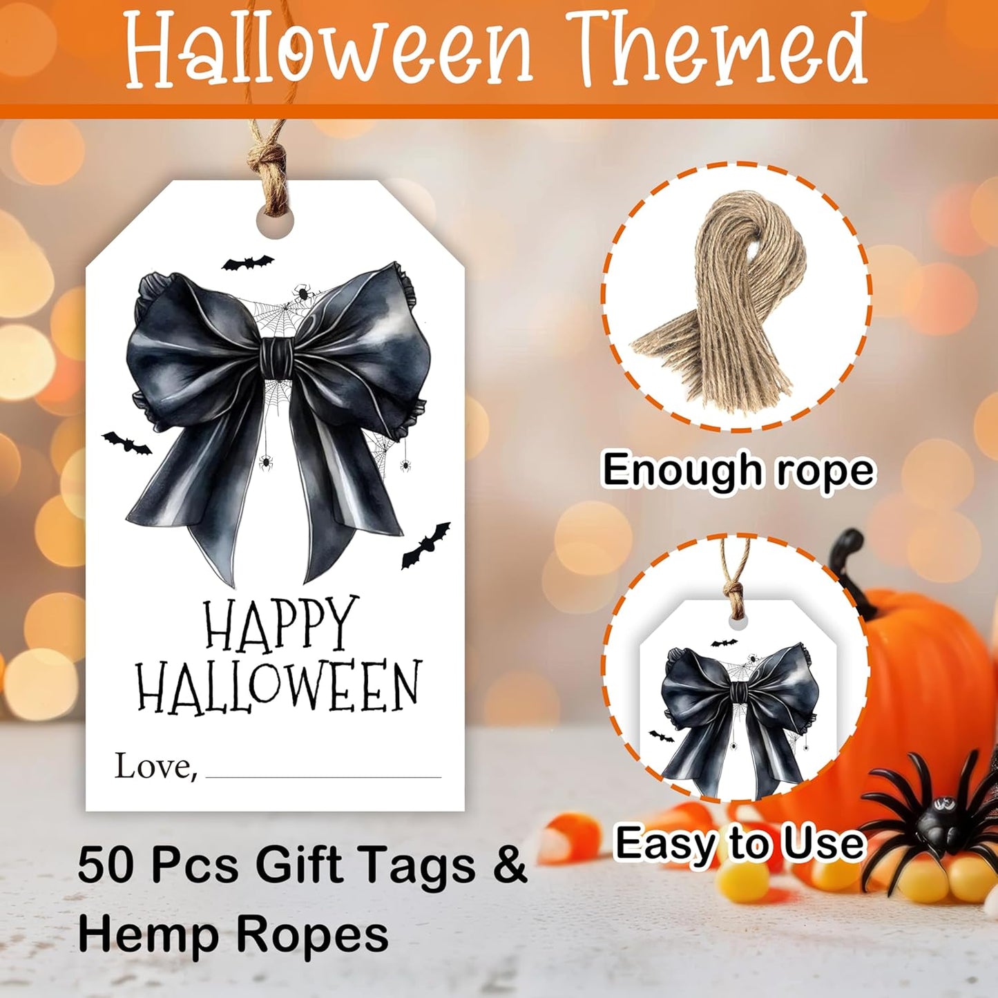 50 Pcs Halloween Tags with String, 2.1"×3.5" Bowknot Paper Gifts Tags, Bat Trick or Treat for Candy, Spider Happy Halloween Gifts Tag Wrap for Party Favor - B06