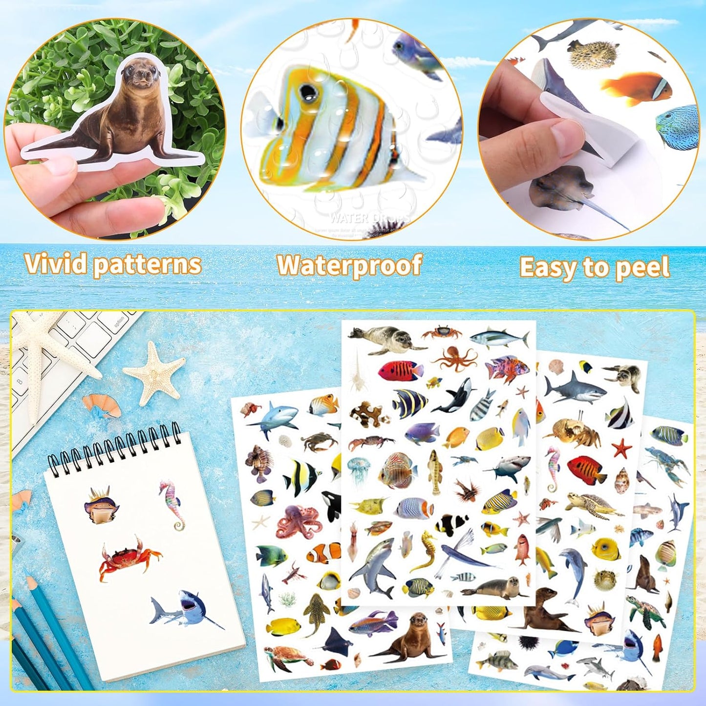 Ocean Animals Stickers 820 Count Sea Animal Fish Shark Stickers Party Favors Gifts Sticky Decor for Scrapbook Calendar Planner Gift Wrap Decor (Ocean)