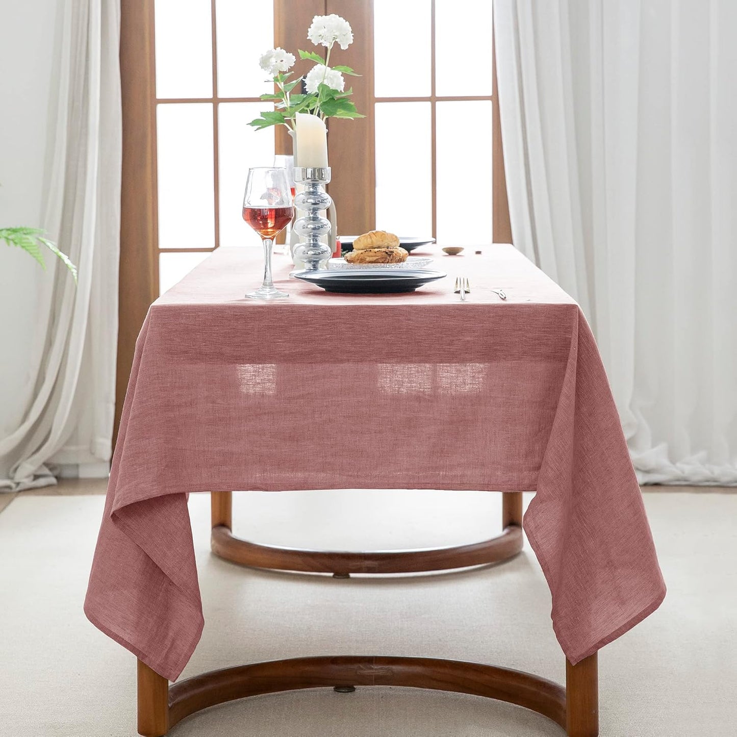 EVERLY 100% Pure Linen Rectangle Tablecloths 60x84Inches for Dining,Buffet Parties,Picnic,Events,Weddings and Restaurants,Decorative Halloween,Thanksgiving Machine Washable Tablecloths-Muddy Pink