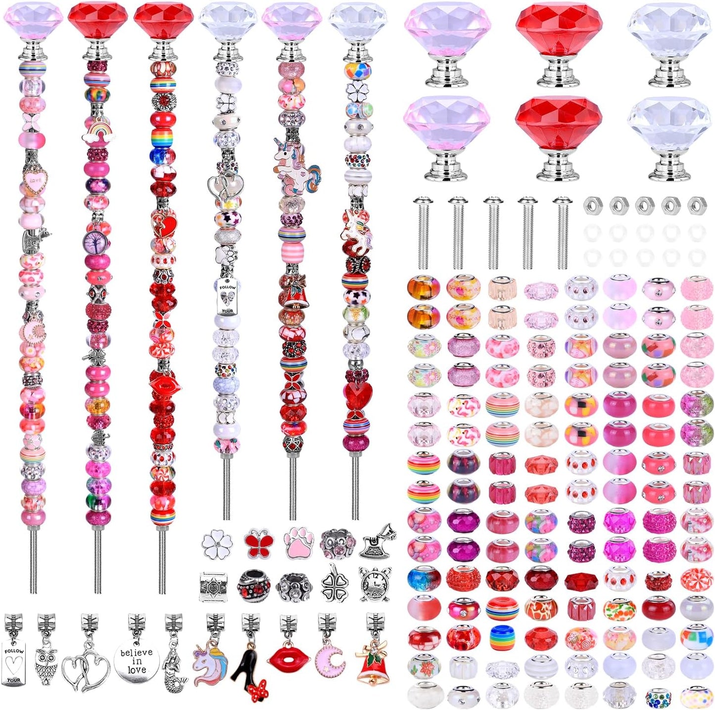 DIY Fairy Wand Garden Beads Stakes Wands Kit,Multiple Color Scheme European Beads Crystal Diamond Tops and 12 or 10 Inch Threaded Rods,Stainless Steel Stakes with Diamond Toppe(Pink+Rose+Red+White)