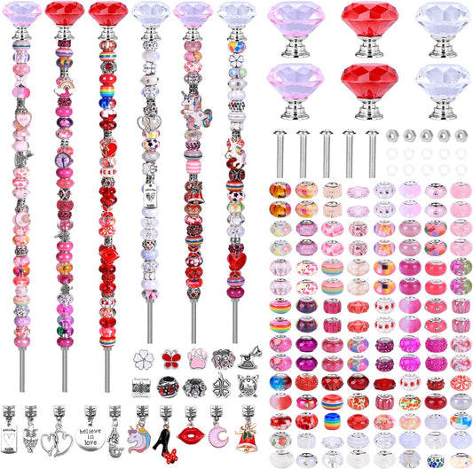 DIY Fairy Wand Garden Beads Stakes Wands Kit,Multiple Color Scheme European Beads Crystal Diamond Tops and 12 or 10 Inch Threaded Rods,Stainless Steel Stakes with Diamond Toppe(Pink+Rose+Red+White)