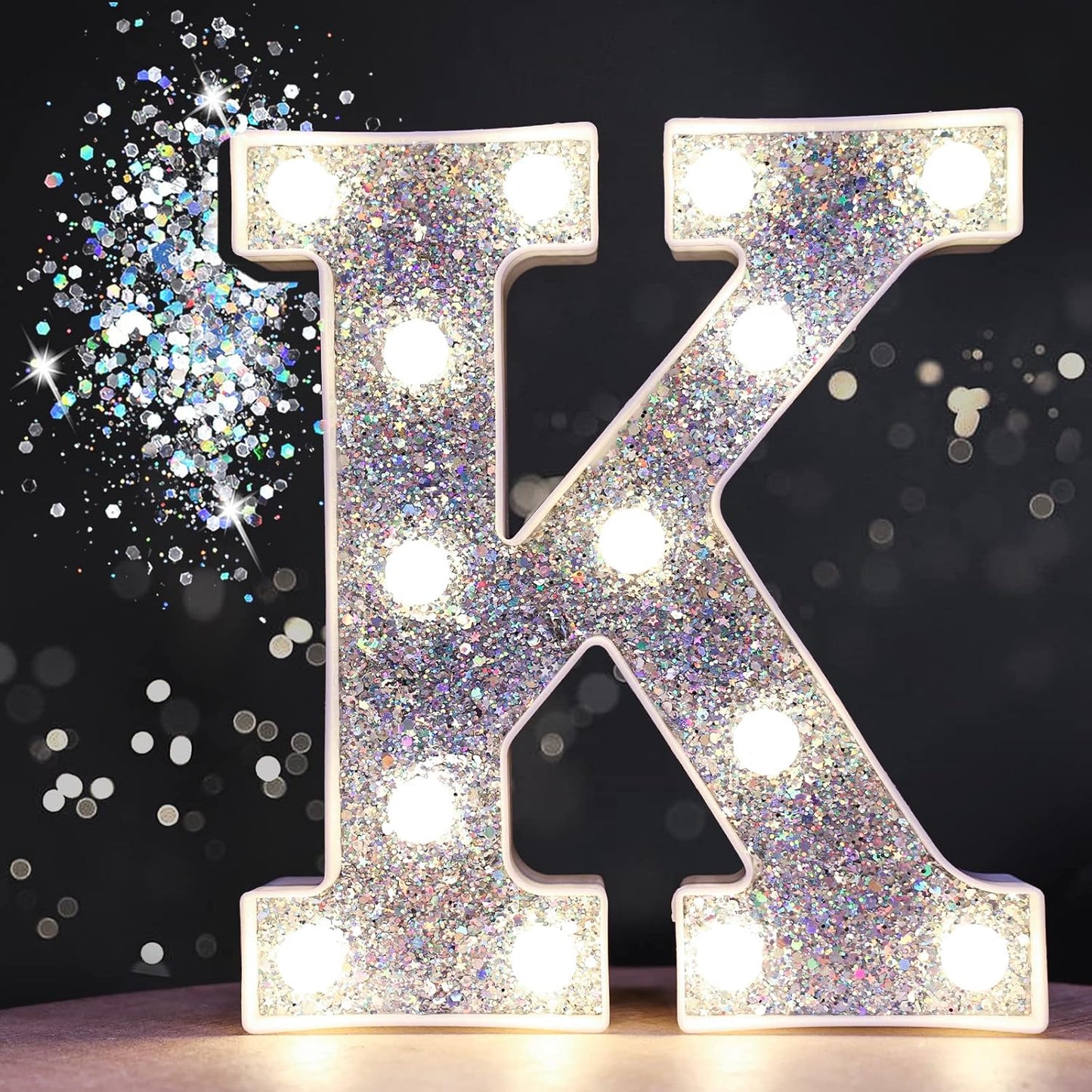 Pooqla Light Up Letters, LED Marquee Letters for Silver Birthday Decorations, Battery Powered Night Light Teenager Girl Room Decor, Gift for Girls Boys Wedding Bedroom Christmas Party Decor, Letter K