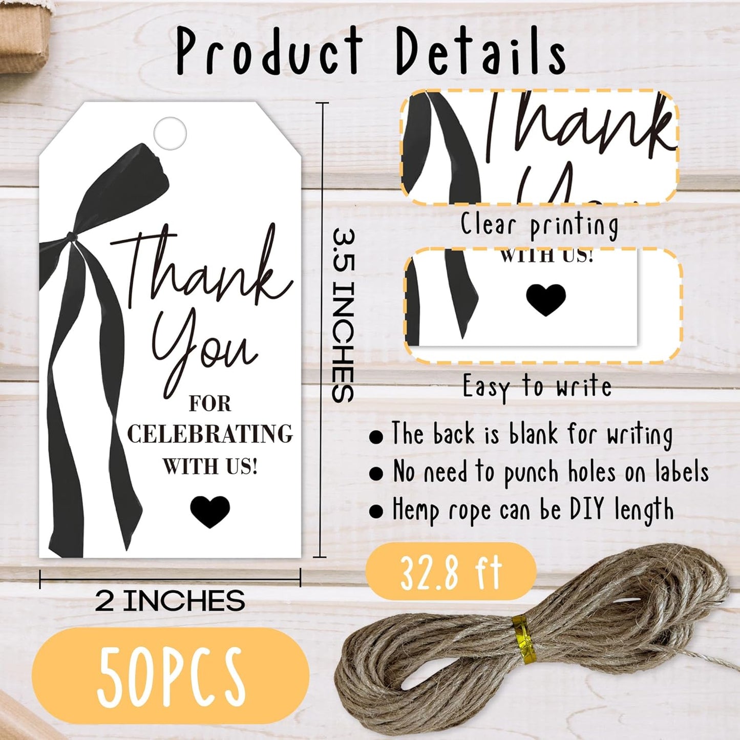 Thank You Gift Tags with String, 2x3.5 Inch Thank You for Celebrating with Us Tag, Black Bow Print, Gift Label for Birthday Party Baby Bridal Shower Wedding Favor-A15