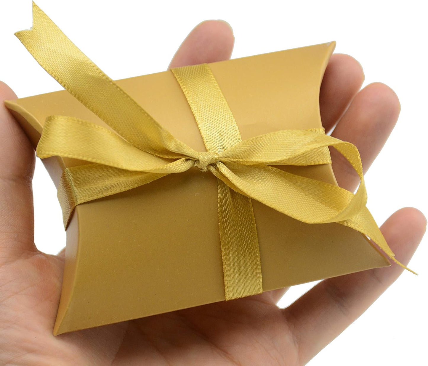 Aokbean 100 Pack Mini Pillow Candy Box Small Gift Boxes with 50 Yards Ribbon for Christmas Wedding Party Favor Gift, Jewelry or Soap Packaging (Gold)