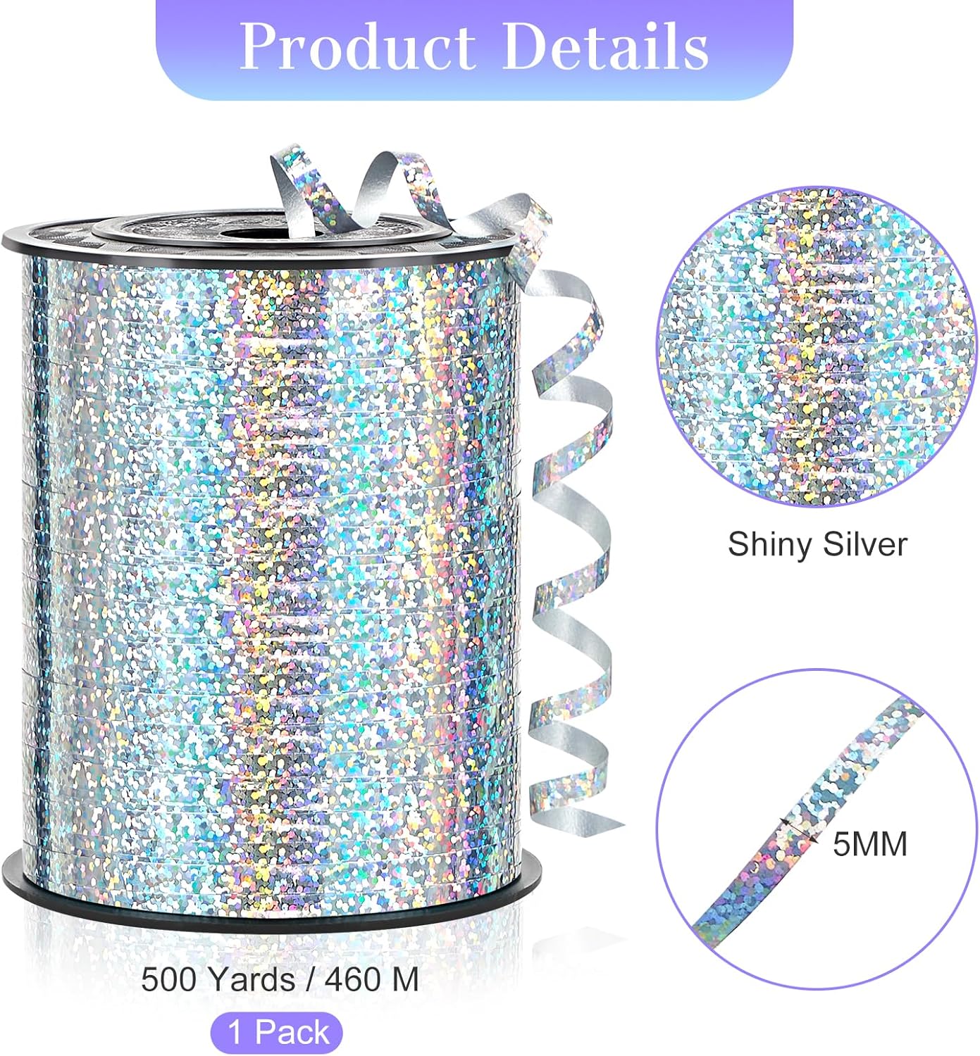 500 Yards Metallic Silver Curling Ribbon-Balloon String-Balloon Ribbon Iridescent Shiny Roll for Party Decoration, Gift Wrapping, Birthday, Art Crafts