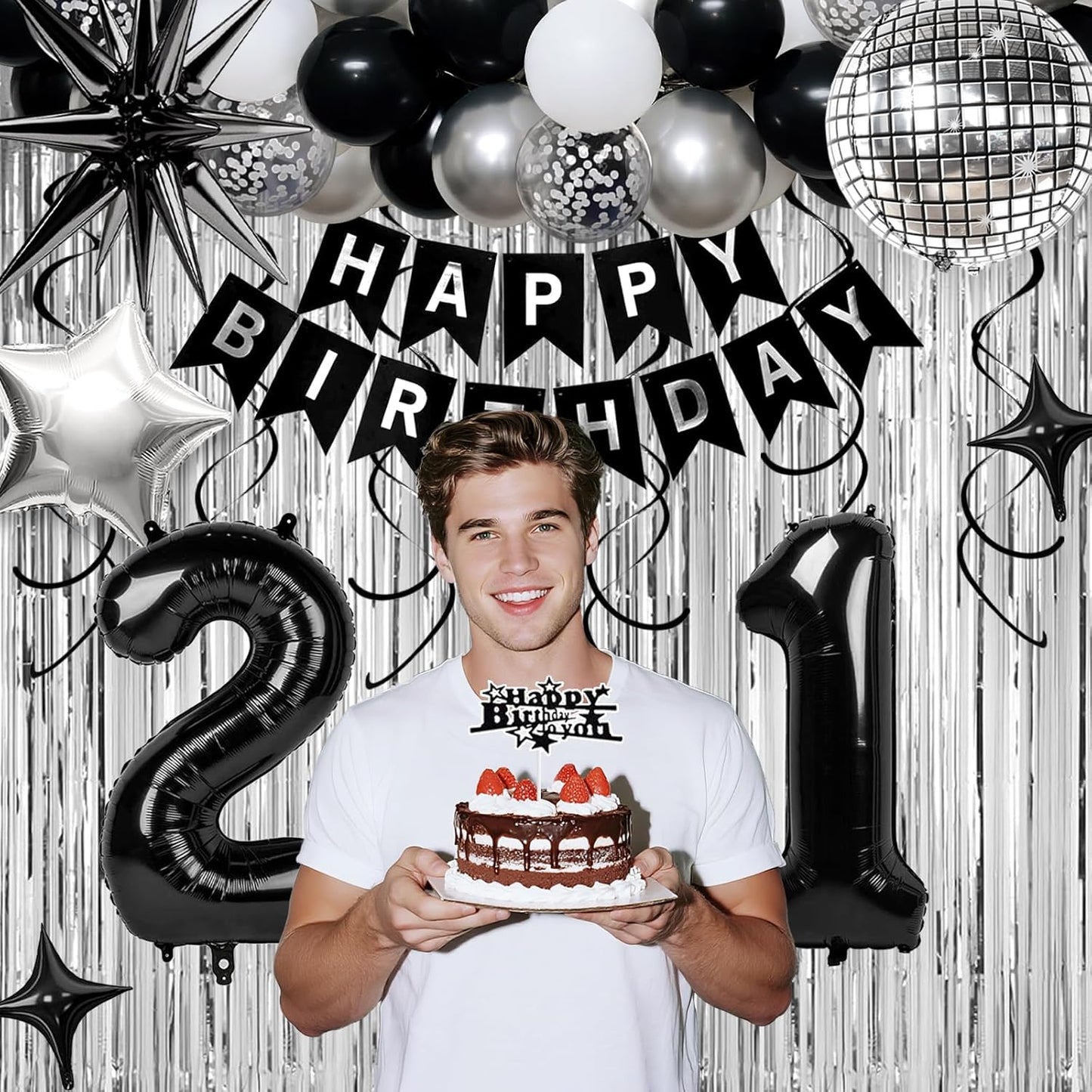 21st Birthday Decorations for Men Women, Black Silver Happy Birthday Party Decorations， 21 Year Old Party Supplies with Number 21 Balloons, Banner, Fringe Curtains Kit