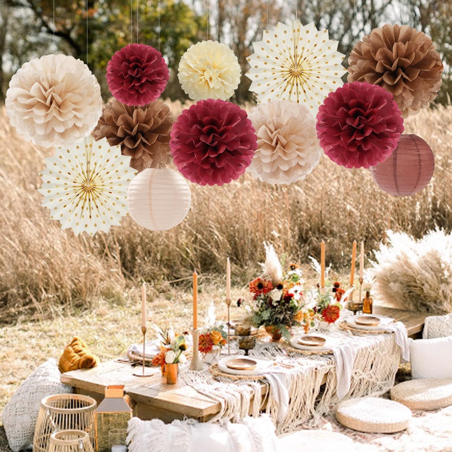 Burgundy Brown Beige Boho Party-Decorations - 20pcs Dusty Pink Fall Birthday Paper Lanterns Fans,Tissue Pom Poms,Honeycomb Balls,Autumn Wedding Bridal Shower Rustic Neutral Baby Decor Burgleda
