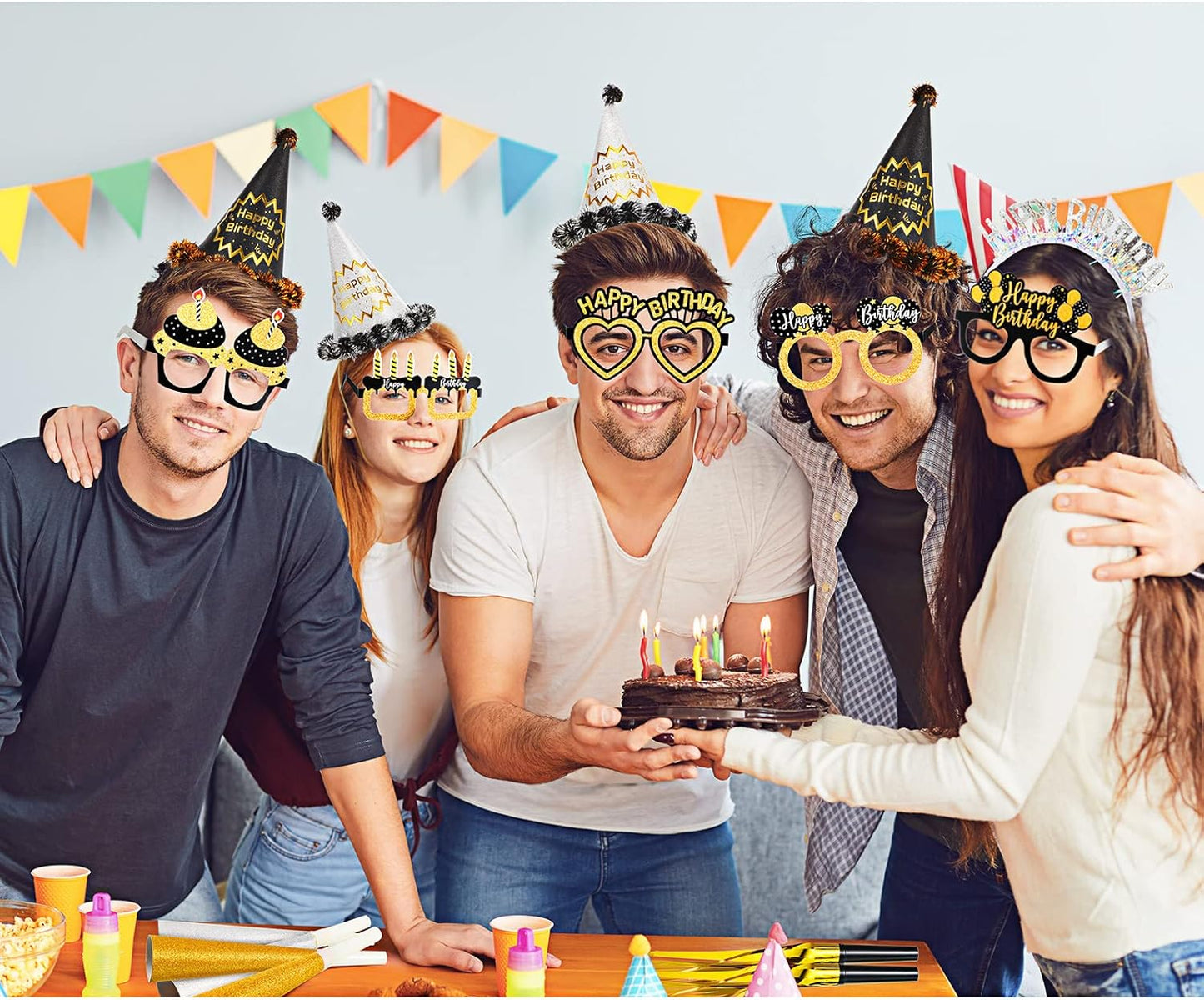 Sratte 36 Pcs Black Gold Style Birthday Party Favors Set Happy Birthday Hat Headband Glasses Noise Makers Party Horns