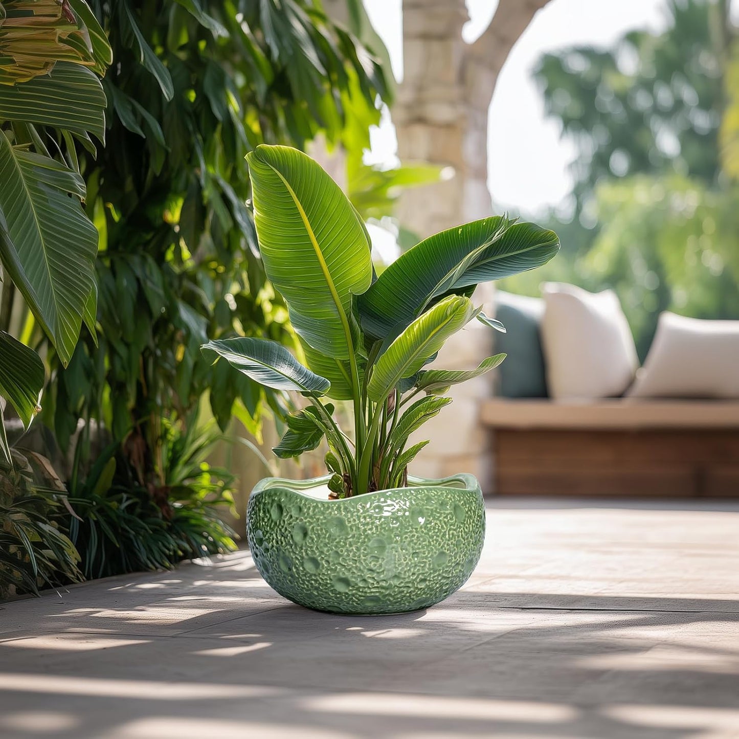 Ceramic Pots for Plants - 13 Inch Large Bonsai Pots Indoor Outdoor, Round Plant Pot with Drainage Hole, Decorative Flower Pot, Modern Unique Planters, Patio Decor, Plant Lover Gifts, Green