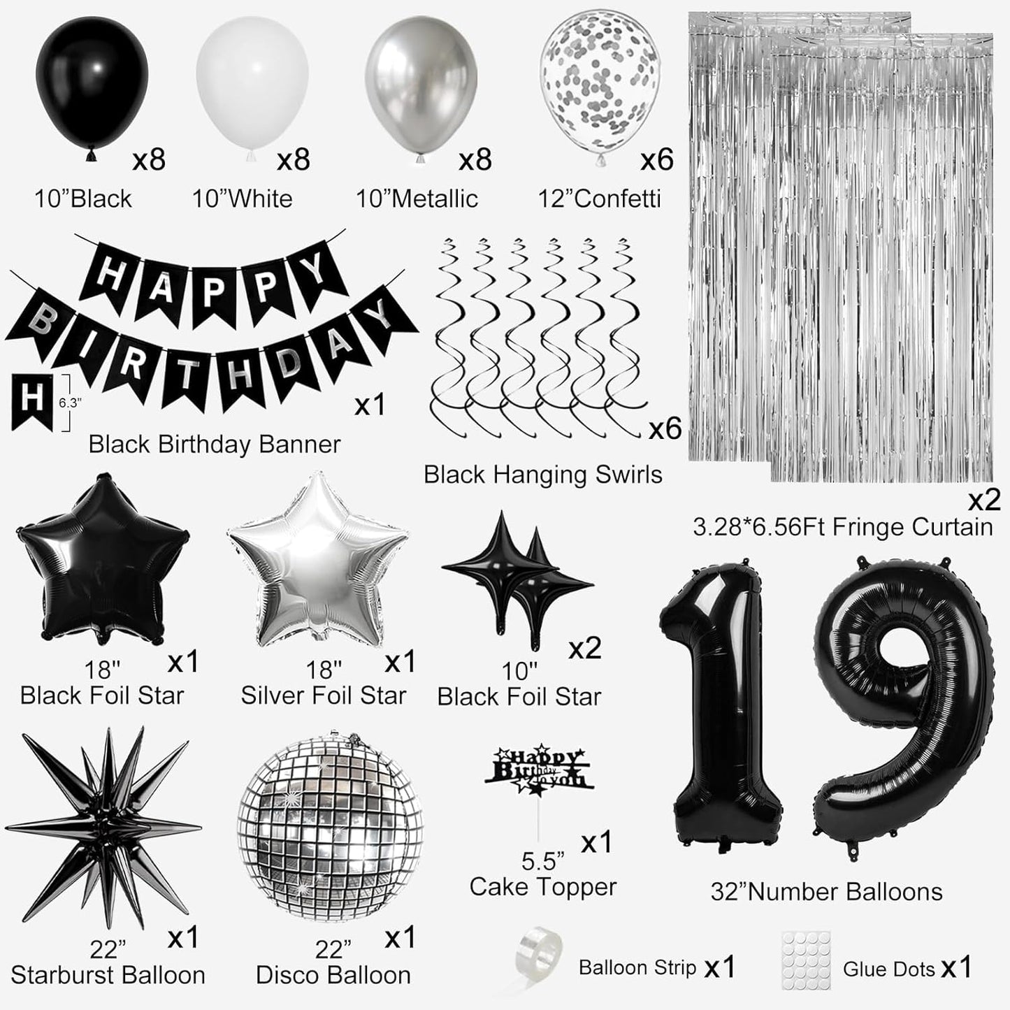 19th Birthday Decorations for Boys Men, Black Silver Happy Birthday Party Decorations， 19 Year Old Party Supplies with Number 19 Balloons, Banner, Fringe Curtains Kit
