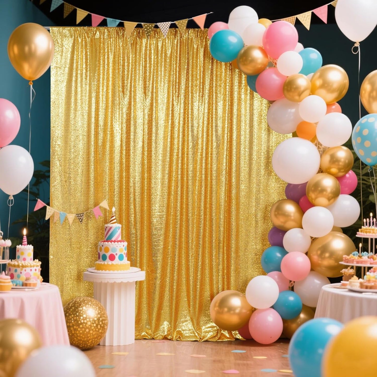 SquarePie Sequin Backdrop Curtain Less See Through Thick Background for Party 4FT x 8FT Gold