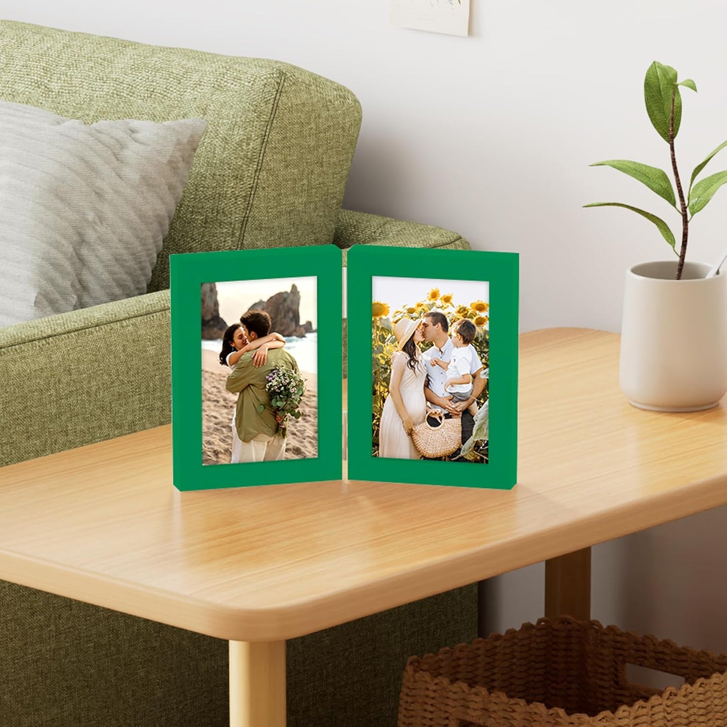 decorUhome Double 4x6 Picture Frame Vertical, Engineered Wood Bifold Photo Frame with Plexiglass for Tabletop Display, 4x6, Green
