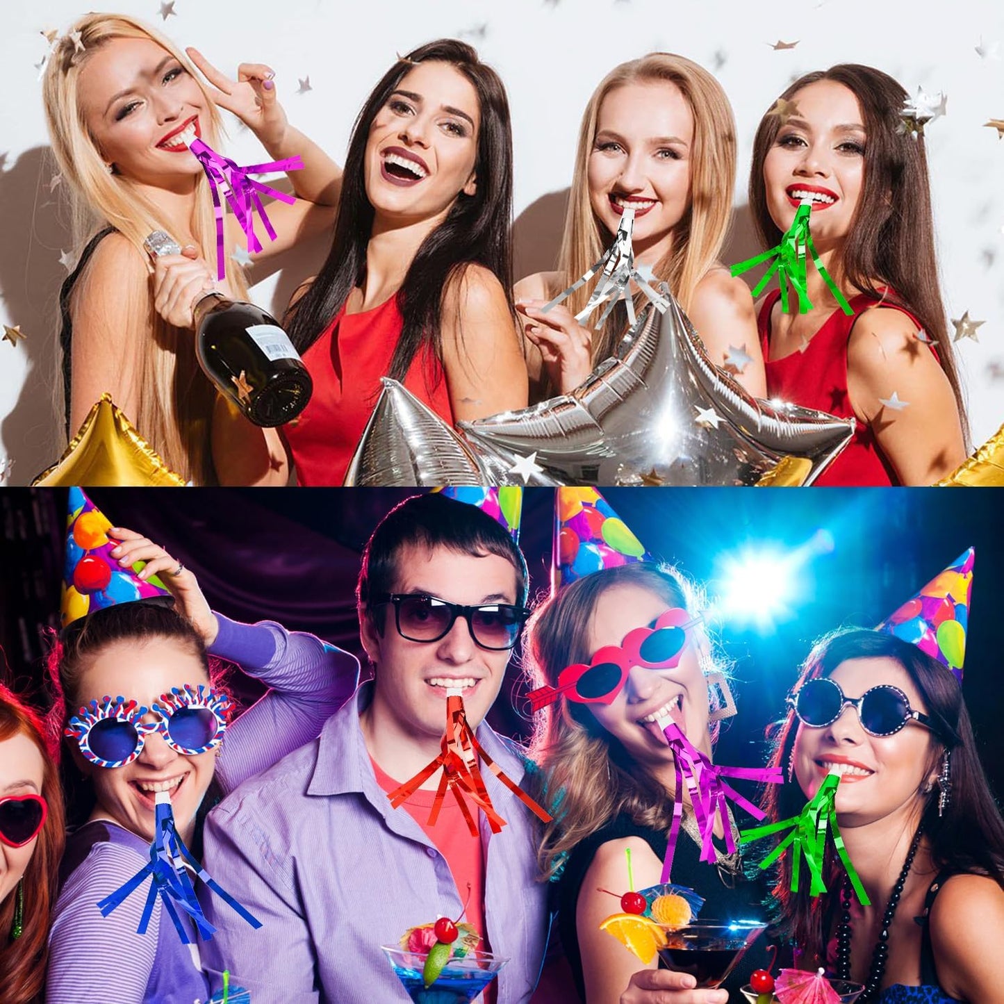 Noise Makers, 24 PCS Gold Noise Makers, Glitter Metallic Fringed Party Blowers Noisemakers Horns for Adults for 2025 New Year Eve Party Birthday Sporting Events Favor Supplies Decorations (Mixcolor)