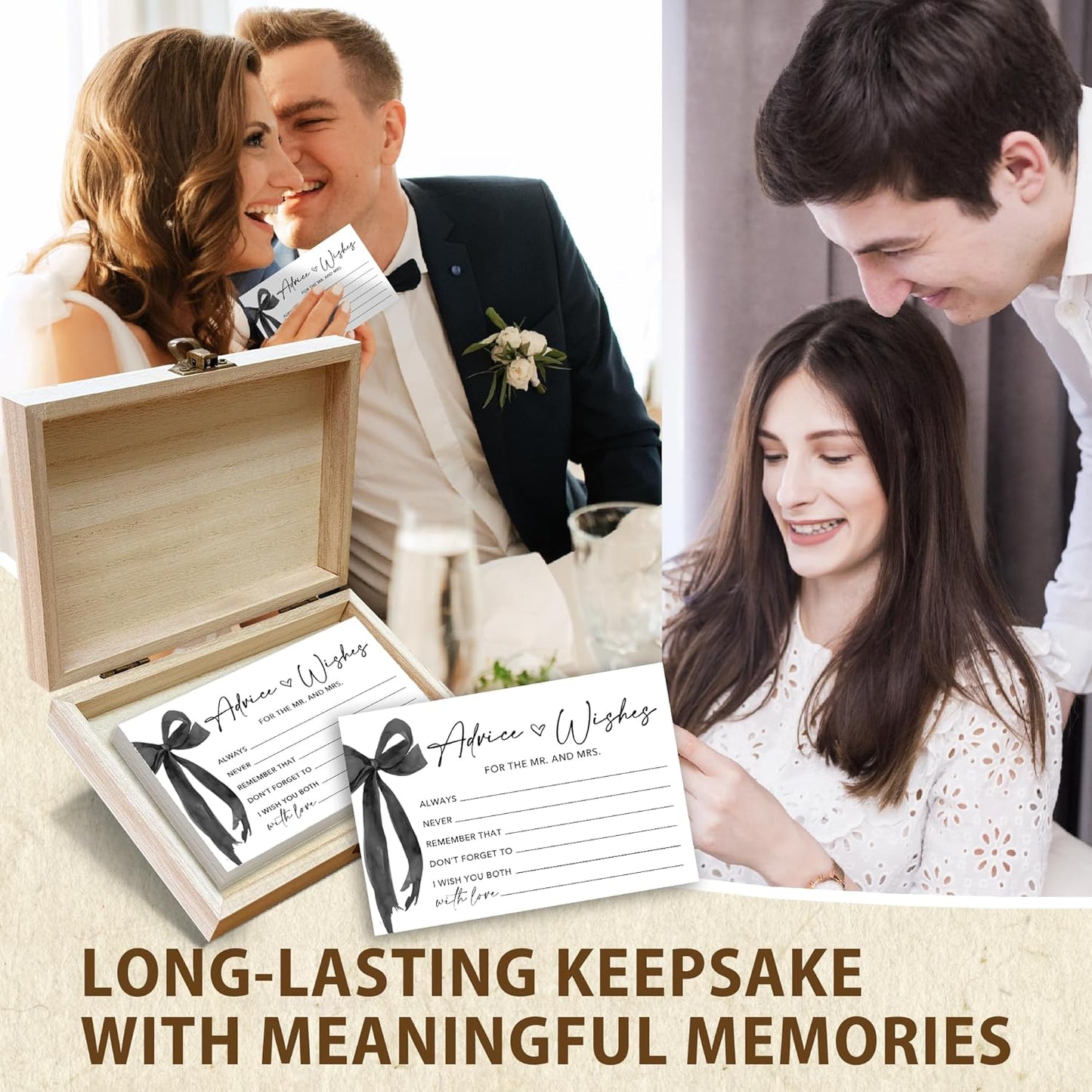 50 Pcs Advice and Wishes for the Mr and Mrs Cards in Box - Bridal Shower Guest Book - Perfect for Newlywed Games, Reception Decor, Engagement Parties & Anniversary Wishes(Black Bow) - B07