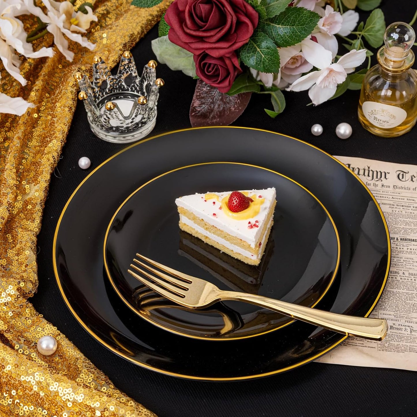 KIRE 200Pcs Black Plastic Plates - Black Plates Disposable for Party - Include 100 for Dinner and 100 for Dessert for Birthday/Wedding/Halloween